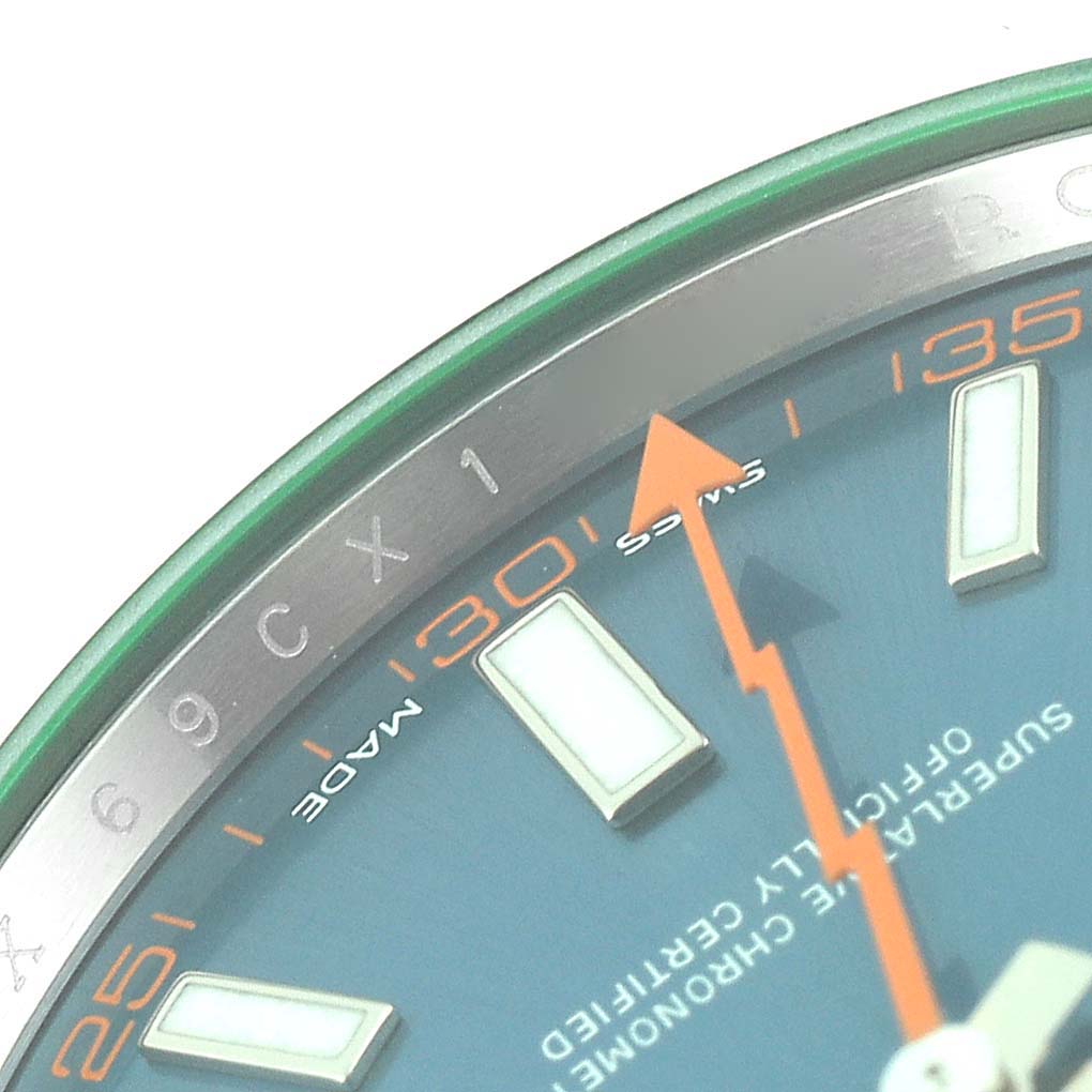 This image shows a close-up of the dial and bezel of a Rolex Milgauss 116400GV Men
s Stainless Steel Blue Dial 116400GV Men
s Stainless Steel Blue Dial watch, highlighting the hour markers and the seconds hand.