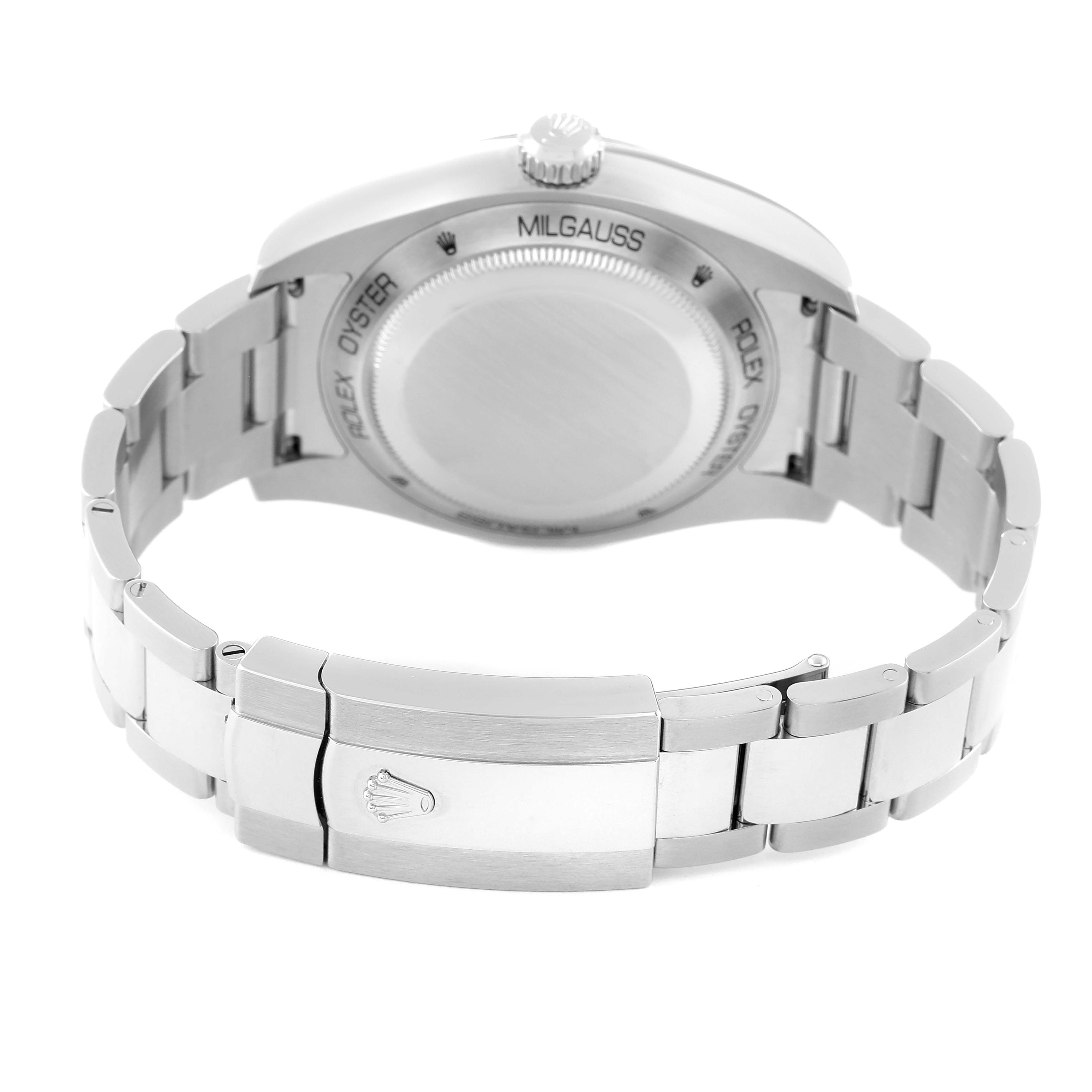 This image shows the back view of a Rolex Milgauss 116400GV Men
s Stainless Steel Blue Dial 116400GV Men
s Stainless Steel Blue Dial watch, highlighting the bracelet and clasp.