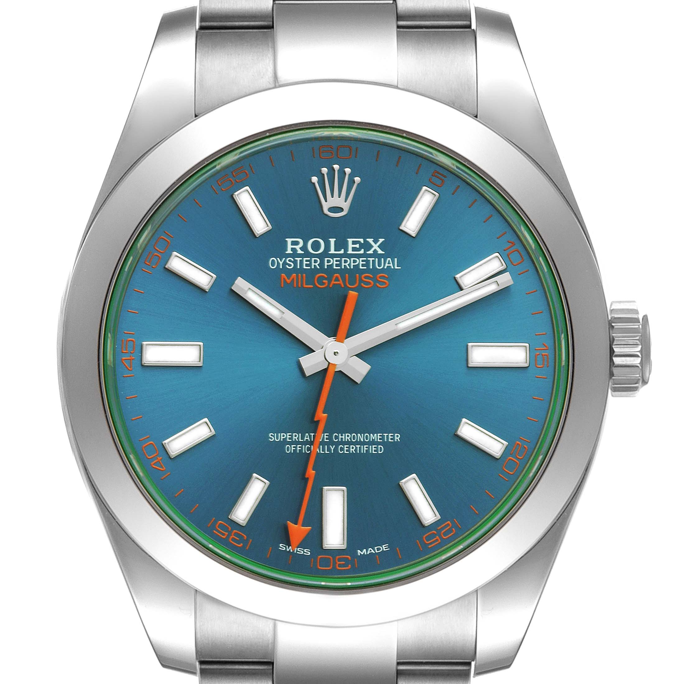 The image shows a front view of the Rolex Milgauss 116400GV Men
s Stainless Steel Blue Dial 116400GV Men
s Stainless Steel Blue Dial watch, highlighting the dial, hands, bracelet, and crown.