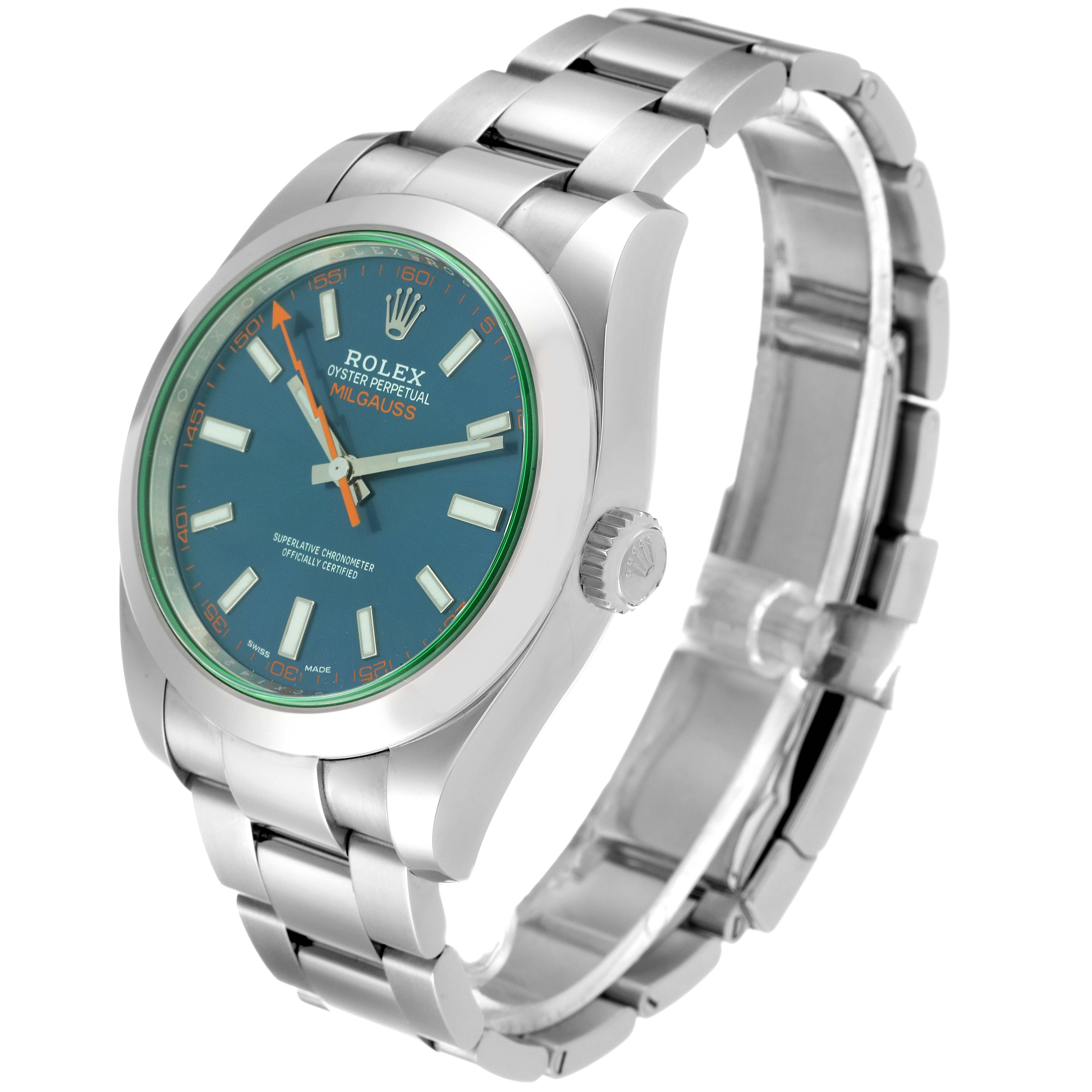 The image shows a side and top view of a Rolex Milgauss 116400GV Men
s Stainless Steel Blue Dial 116400GV Men
s Stainless Steel Blue Dial watch, highlighting the face, bezel, crown, and stainless steel bracelet.
