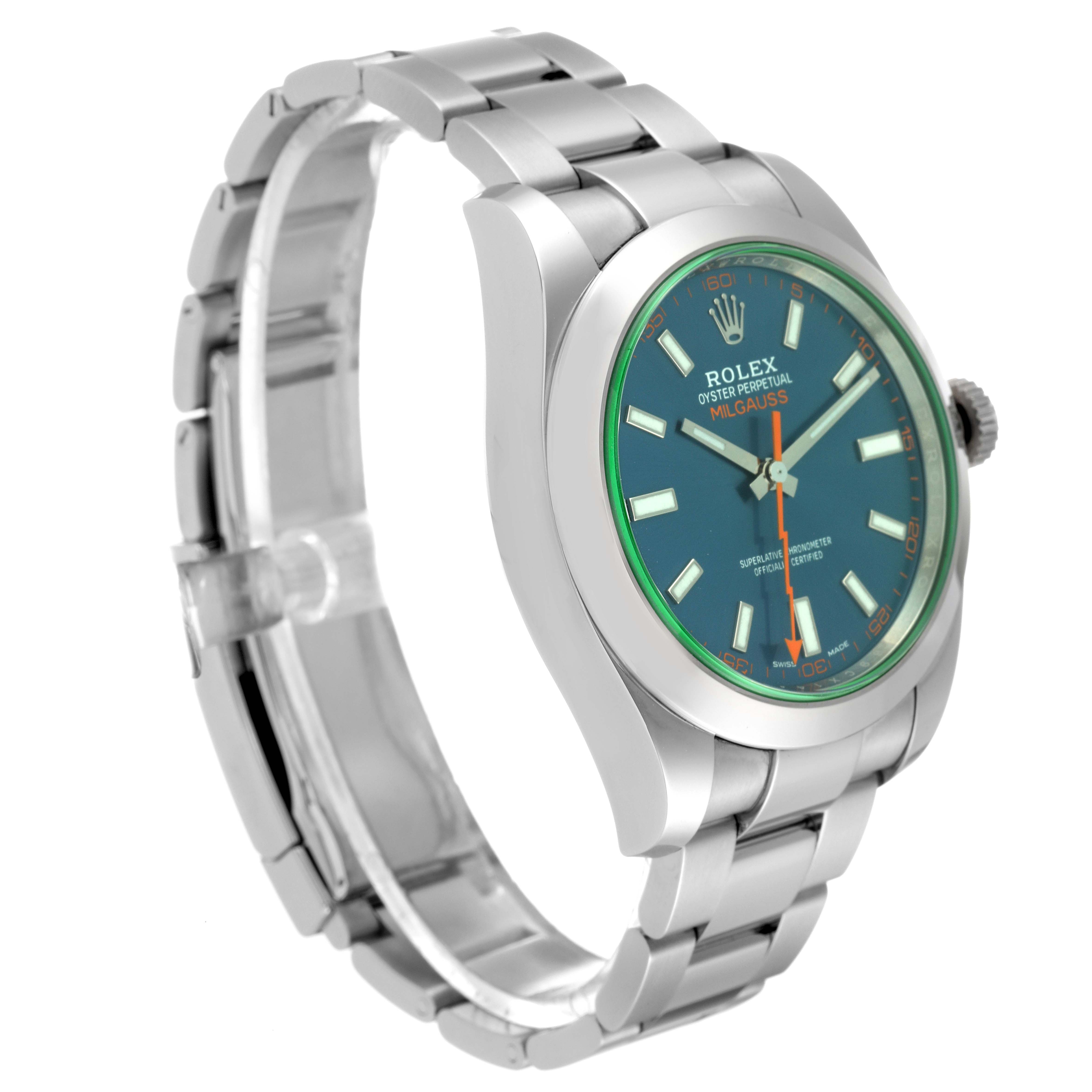 The image shows a side angle of the Rolex Milgauss 116400GV Men
s Stainless Steel Blue Dial 116400GV Men
s Stainless Steel Blue Dial watch, highlighting the stainless steel bracelet and green-edged blue dial.