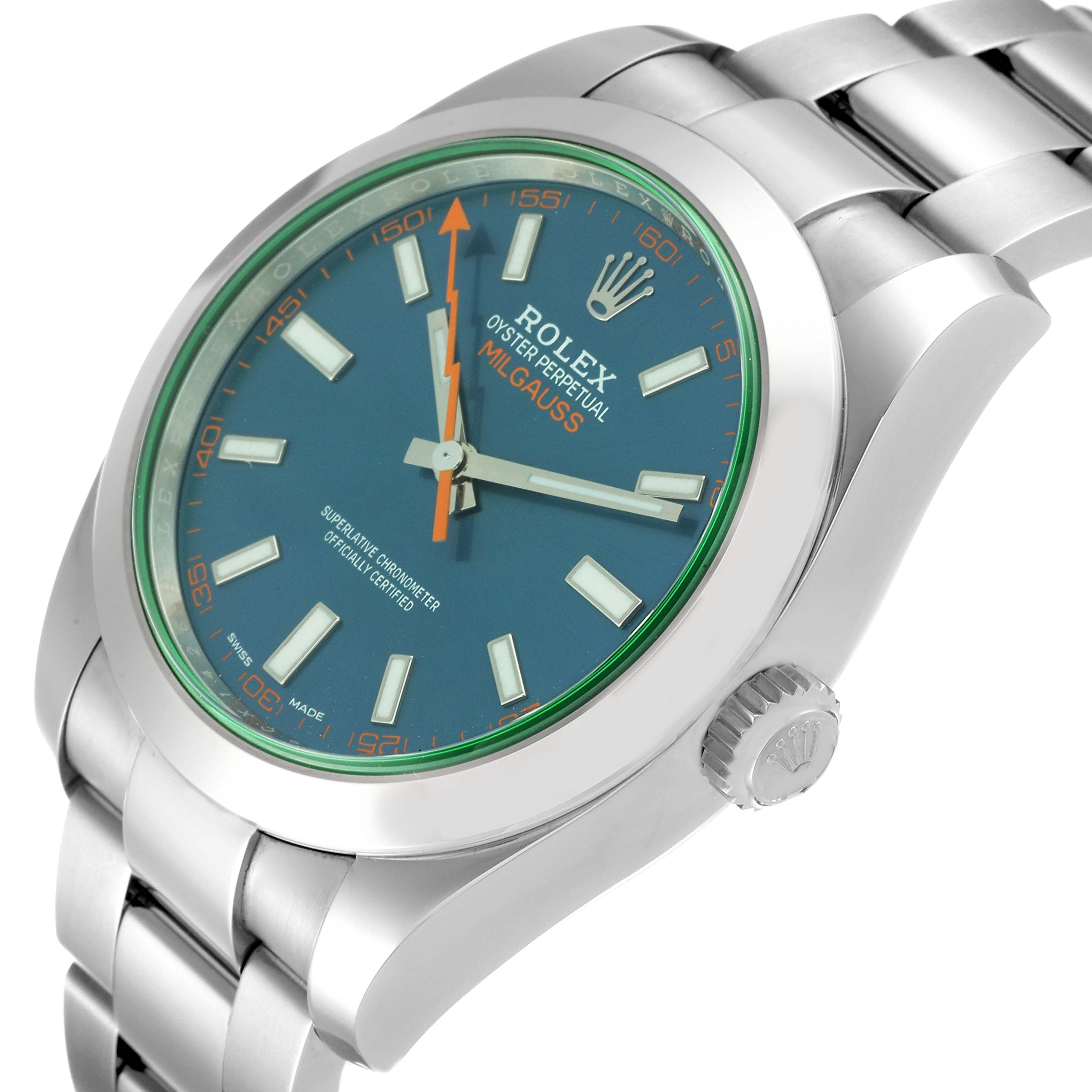 The image shows a Rolex Milgauss 116400GV Men
s Stainless Steel Blue Dial 116400GV Men
s Stainless Steel Blue Dial watch at a slight angle, highlighting its blue dial, orange lightning bolt seconds hand, and stainless steel bracelet.