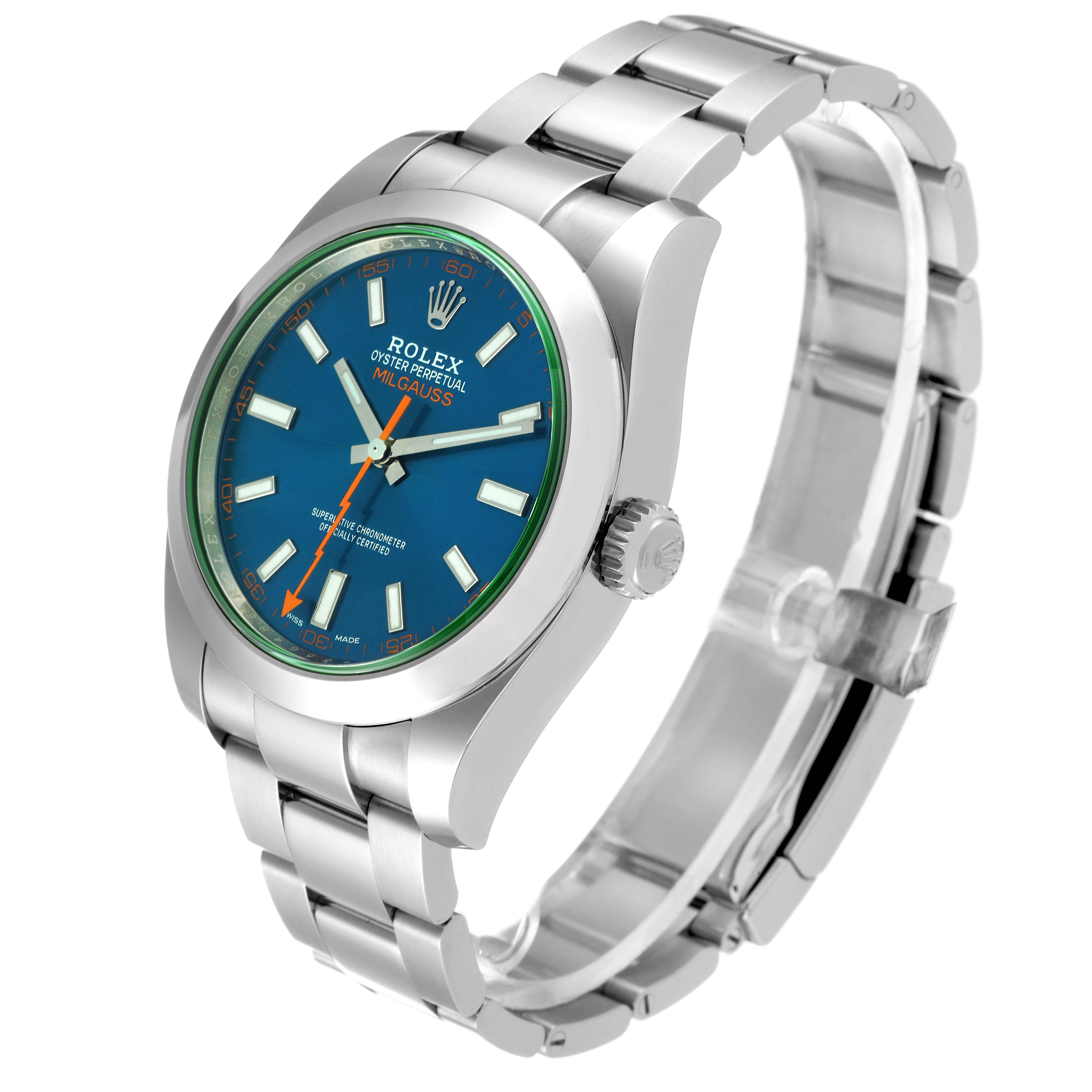 This Rolex Milgauss 116400GV Men
s Stainless Steel Blue Dial 116400GV Men
s Stainless Steel Blue Dial model is shown at a three-quarter angle, highlighting the blue dial, stainless steel bracelet, and crown.