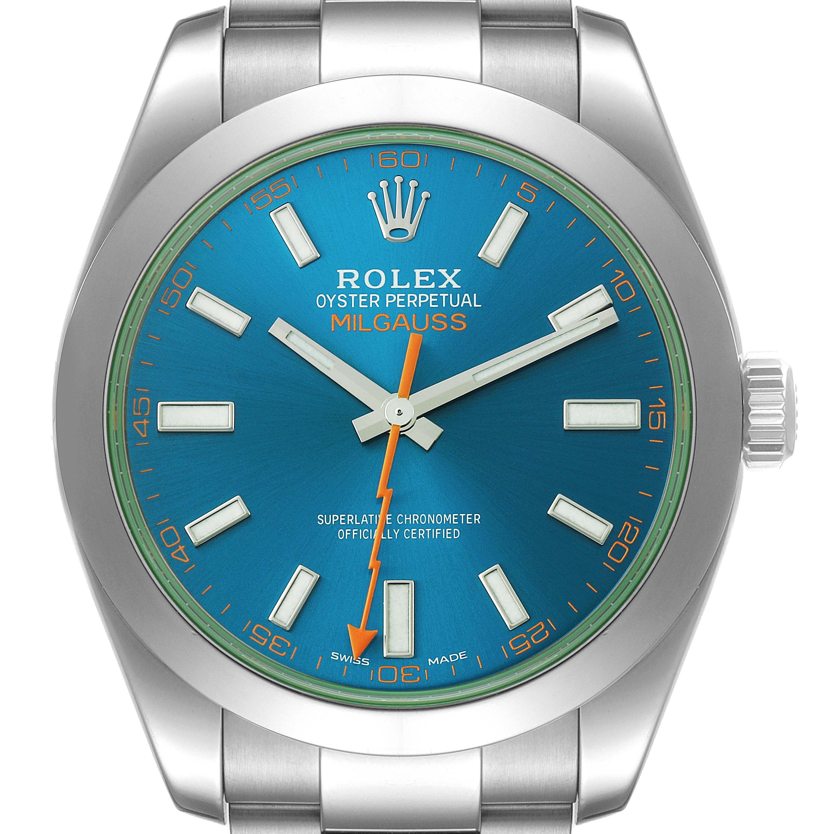 This image shows a front view of the Rolex Milgauss 116400GV Men
s Stainless Steel Blue Dial 116400GV Men
s Stainless Steel Blue Dial watch, highlighting its blue dial, orange lightning bolt seconds hand, and stainless steel bracelet.