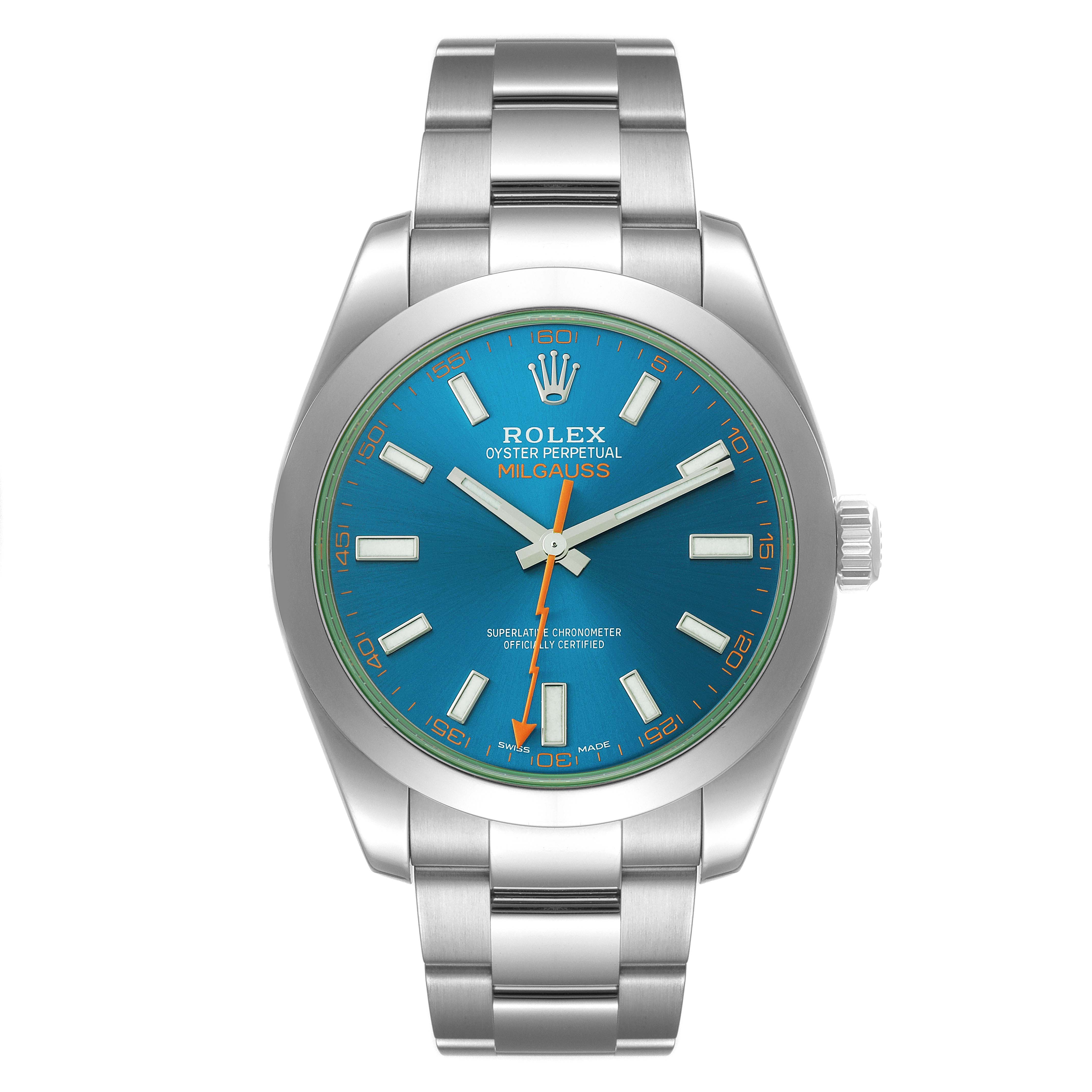 The image shows a front view of the Rolex Milgauss 116400GV Men
s Stainless Steel Blue Dial 116400GV Men
s Stainless Steel Blue Dial watch, focusing on the blue dial, hands, and stainless steel bracelet.