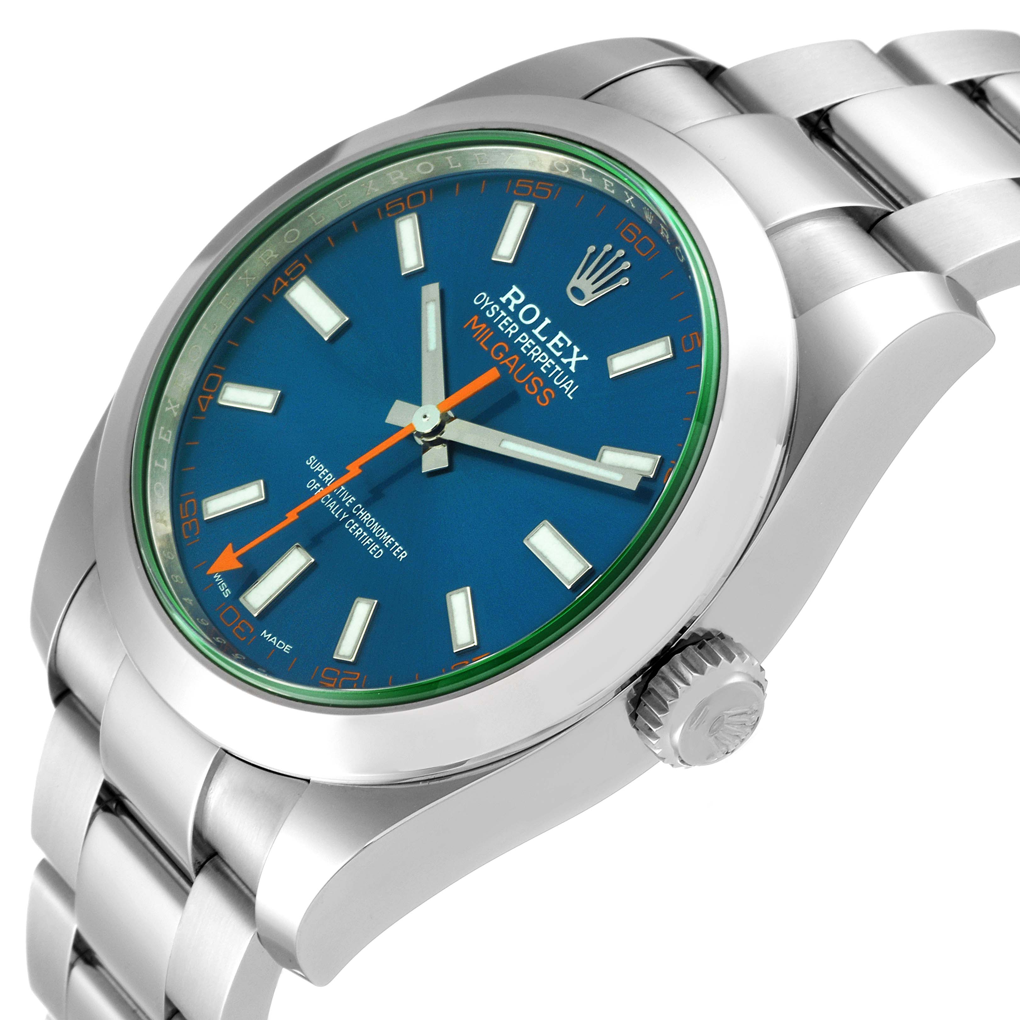 The image shows a close-up diagonal view of the Rolex Milgauss 116400GV Men
s Stainless Steel Blue Dial 116400GV Men
s Stainless Steel Blue Dial, highlighting the blue dial, hour markers, orange second hand, and stainless steel bracelet.
