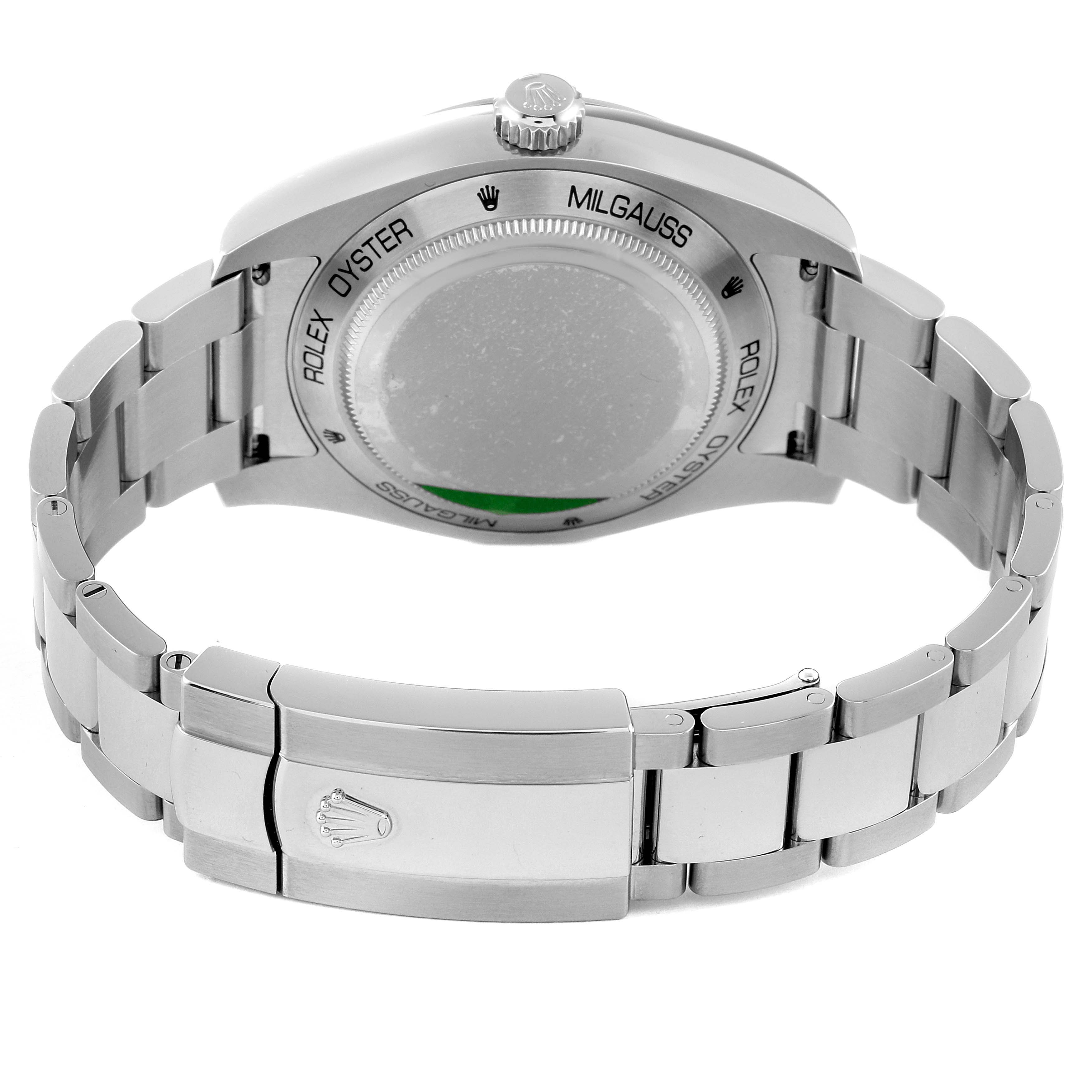 This image shows the back case and bracelet of a Rolex Milgauss 116400GV Men
s Stainless Steel Blue Dial 116400GV Men
s Stainless Steel Blue Dial watch from a rear angle.