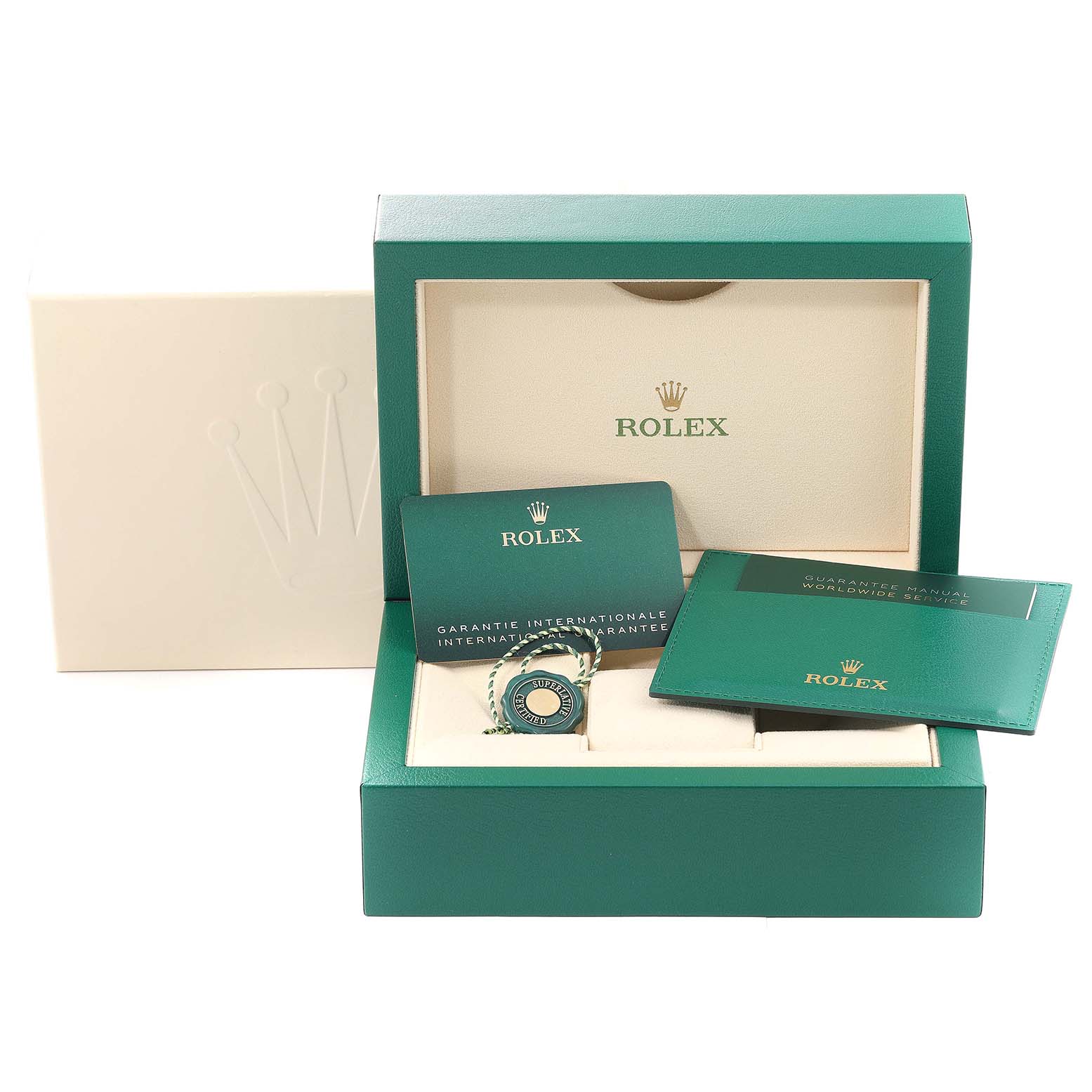The image shows the packaging for the Rolex Milgauss 116400GV Men
s Stainless Steel Blue Dial 116400GV Men
s Stainless Steel Blue Dial, including its box, manuals, and warranty card.