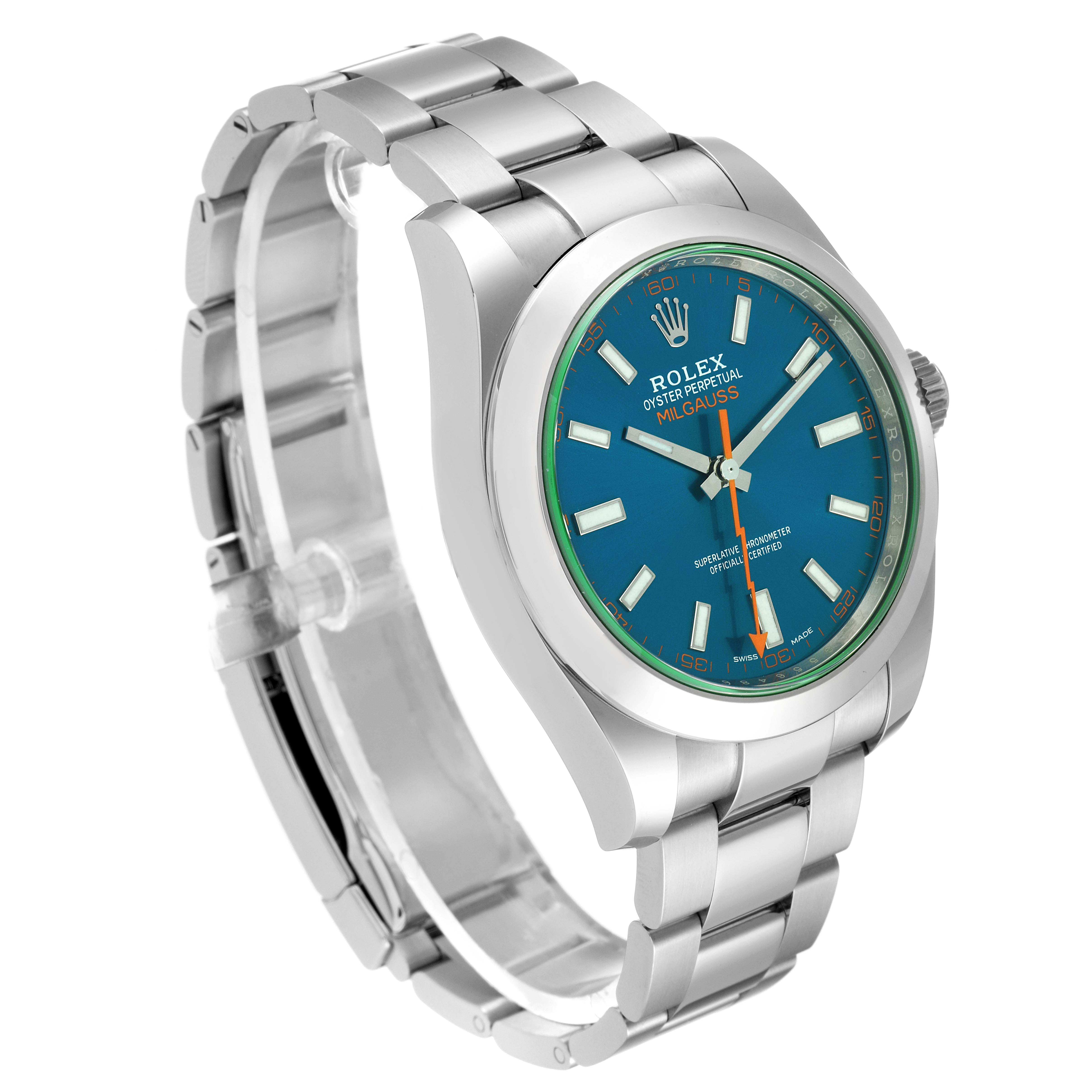 The Rolex Milgauss 116400GV Men
s Stainless Steel Blue Dial 116400GV Men
s Stainless Steel Blue Dial watch is shown at a three-quarter angle, highlighting its dial, bracelet, and clasp.