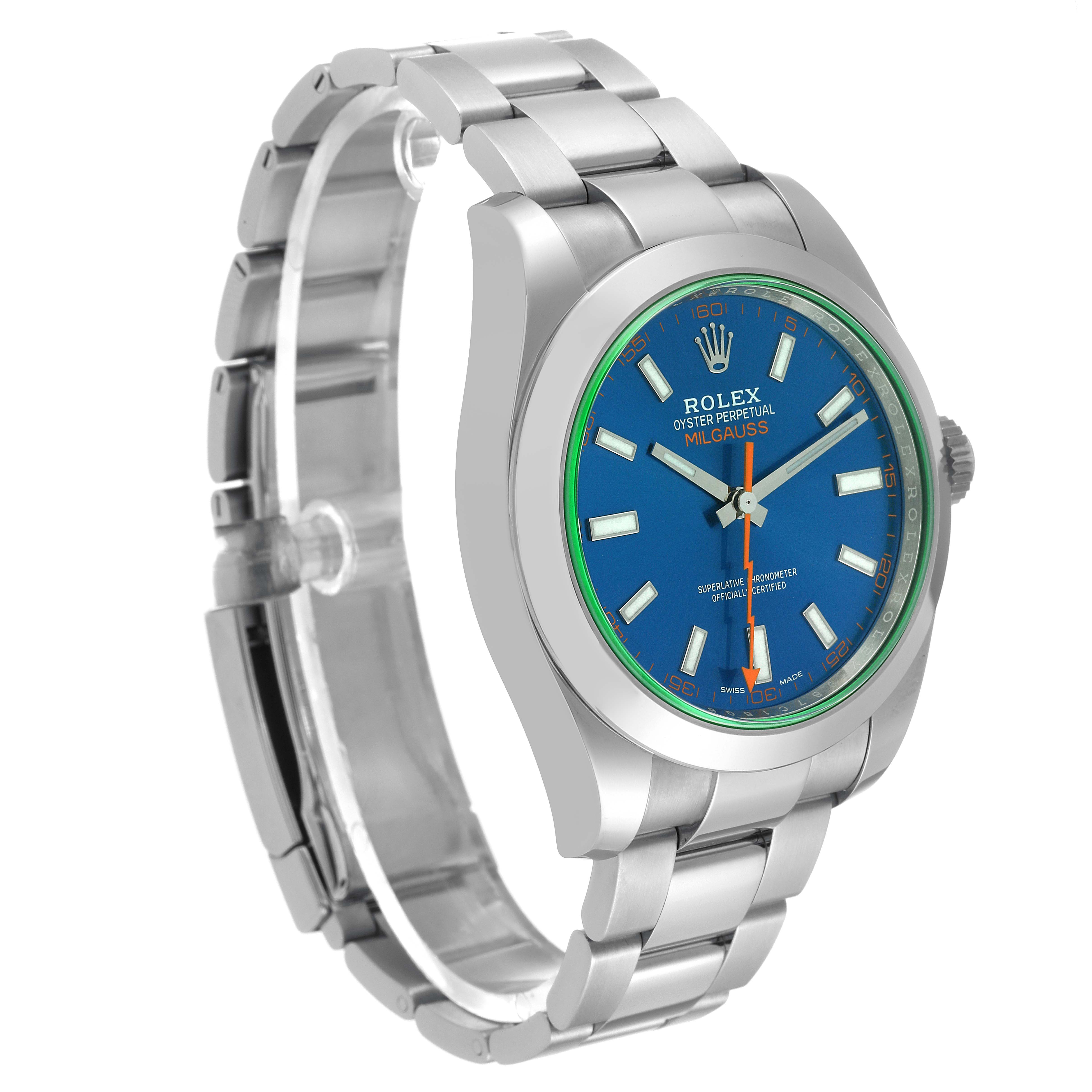 The image shows a Rolex Milgauss 116400GV Men
s Stainless Steel Blue Dial 116400GV Men
s Stainless Steel Blue Dial watch at a slight angle, showcasing the blue dial, green sapphire crystal, case, and bracelet.