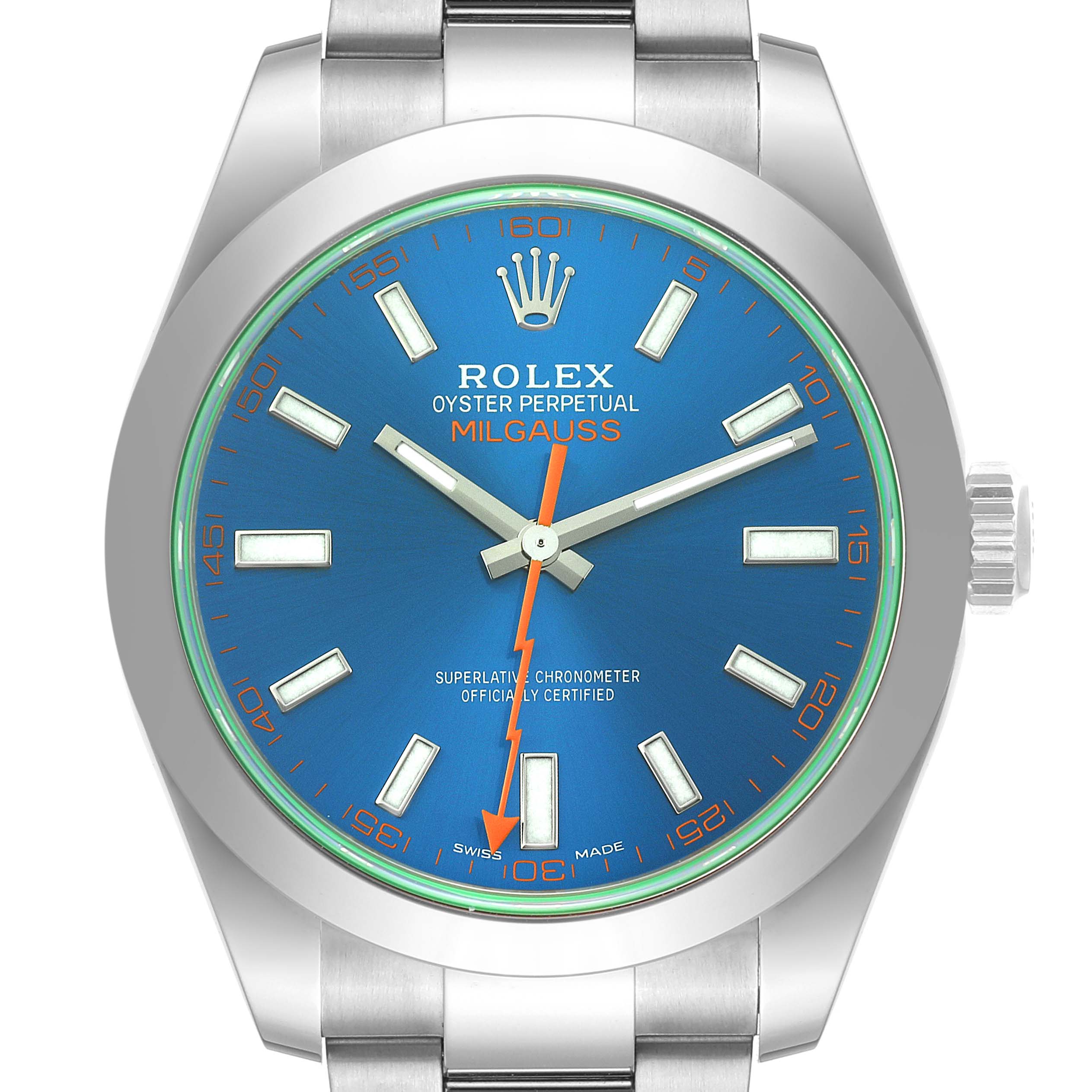 This image shows a front view of a Rolex Milgauss 116400GV Men
s Stainless Steel Blue Dial 116400GV Men
s Stainless Steel Blue Dial watch, highlighting its blue dial, hour markers, and orange lightning bolt seconds hand.