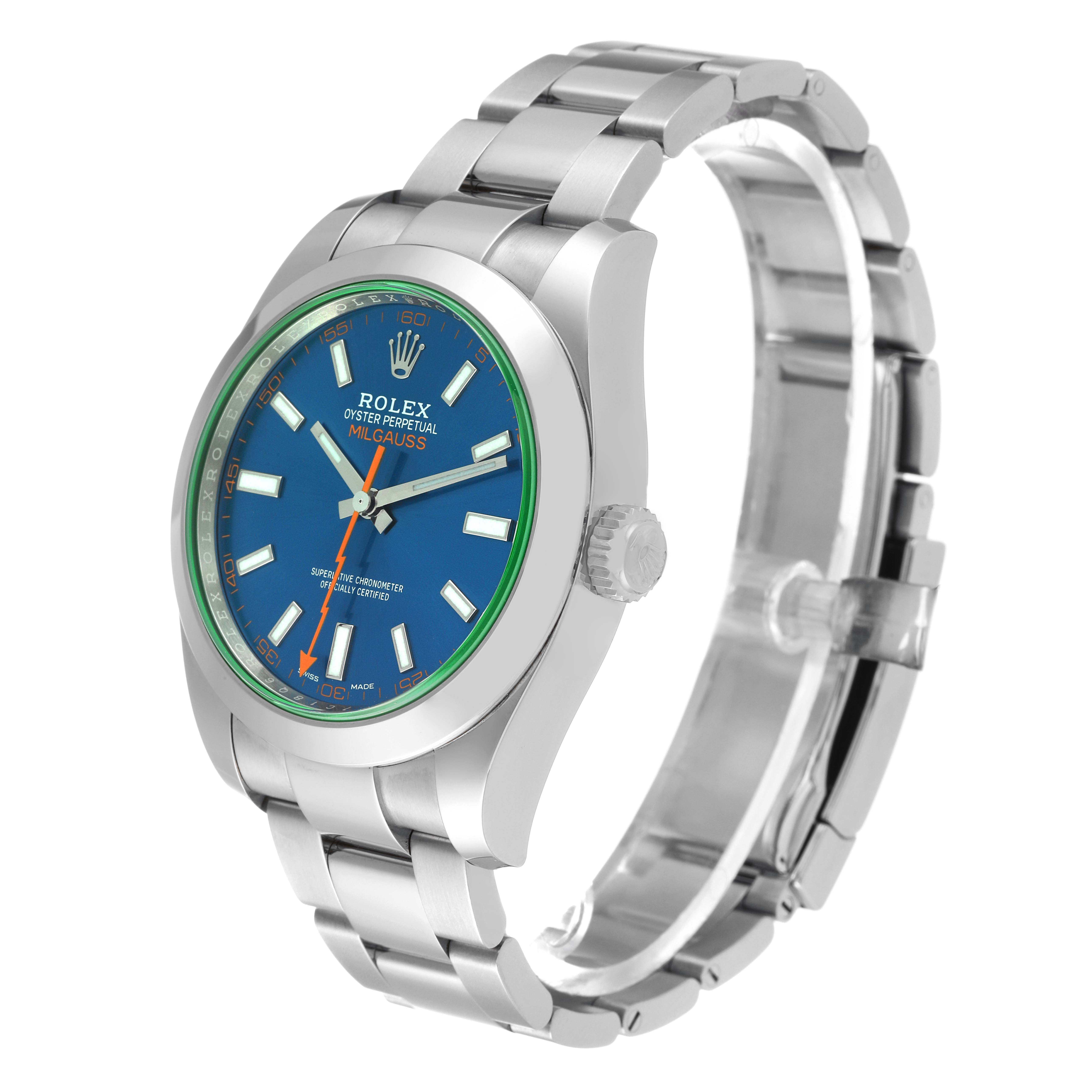 This image shows a side view of the Rolex Milgauss 116400GV Men
s Stainless Steel Blue Dial 116400GV Men
s Stainless Steel Blue Dial watch, highlighting its blue dial, stainless steel case, and bracelet.