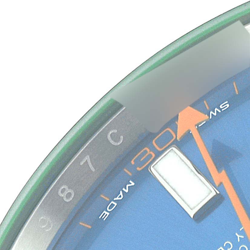 This image shows a close-up of the dial on the Rolex Milgauss 116400GV Men
s Stainless Steel Blue Dial 116400GV Men
s Stainless Steel Blue Dial watch, highlighting the 30-minute marker, luminous hour marker, and seconds hand.