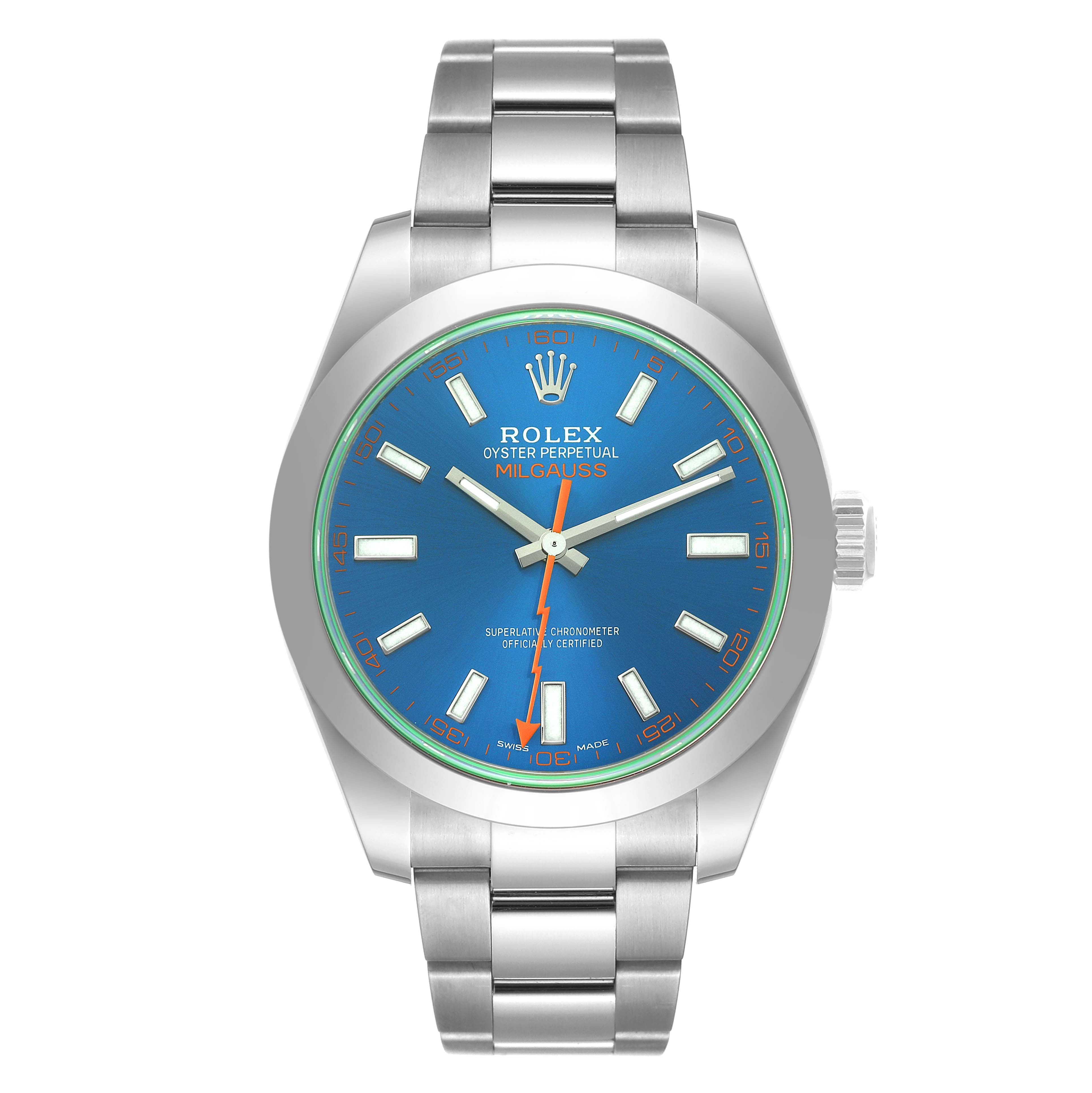 The image shows a front view of a Rolex Milgauss 116400GV Men
s Stainless Steel Blue Dial 116400GV Men
s Stainless Steel Blue Dial watch, highlighting its blue dial, stainless steel case, and bracelet.