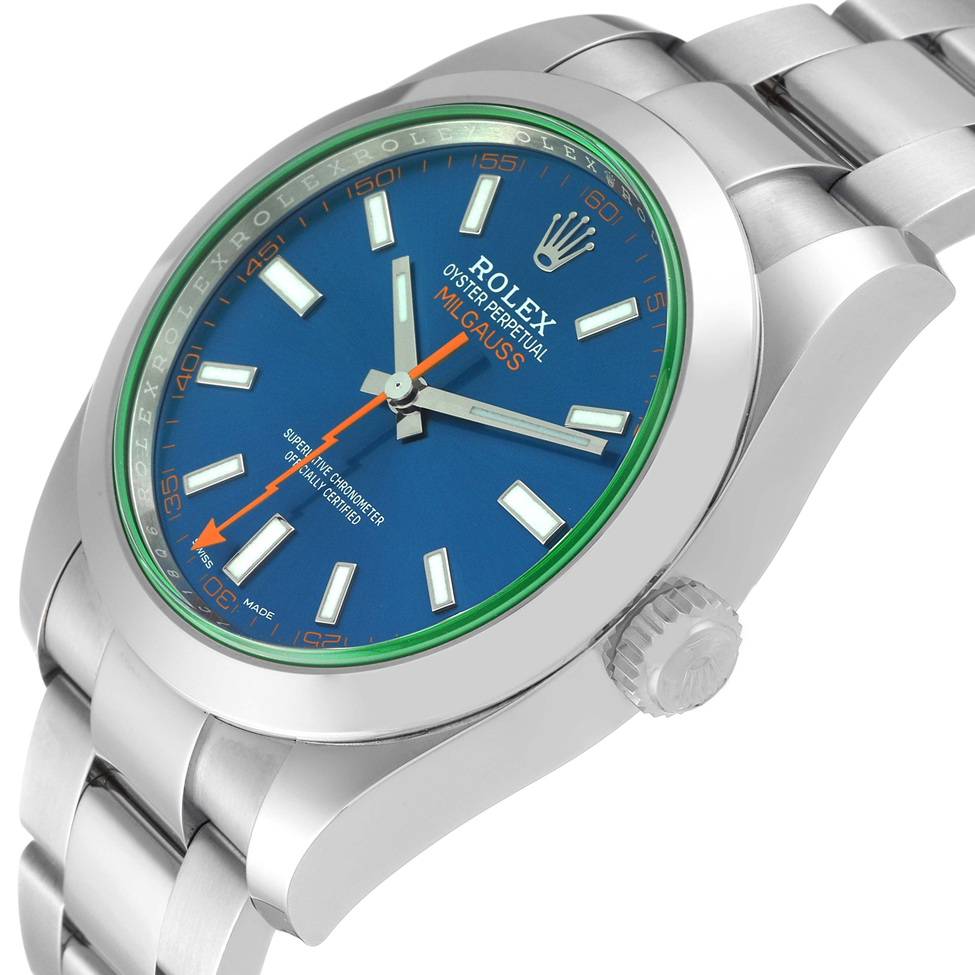 This image shows a close-up side angle of the Rolex Milgauss 116400GV Men
s Stainless Steel Blue Dial 116400GV Men
s Stainless Steel Blue Dial watch, highlighting the face, crown, and bracelet.