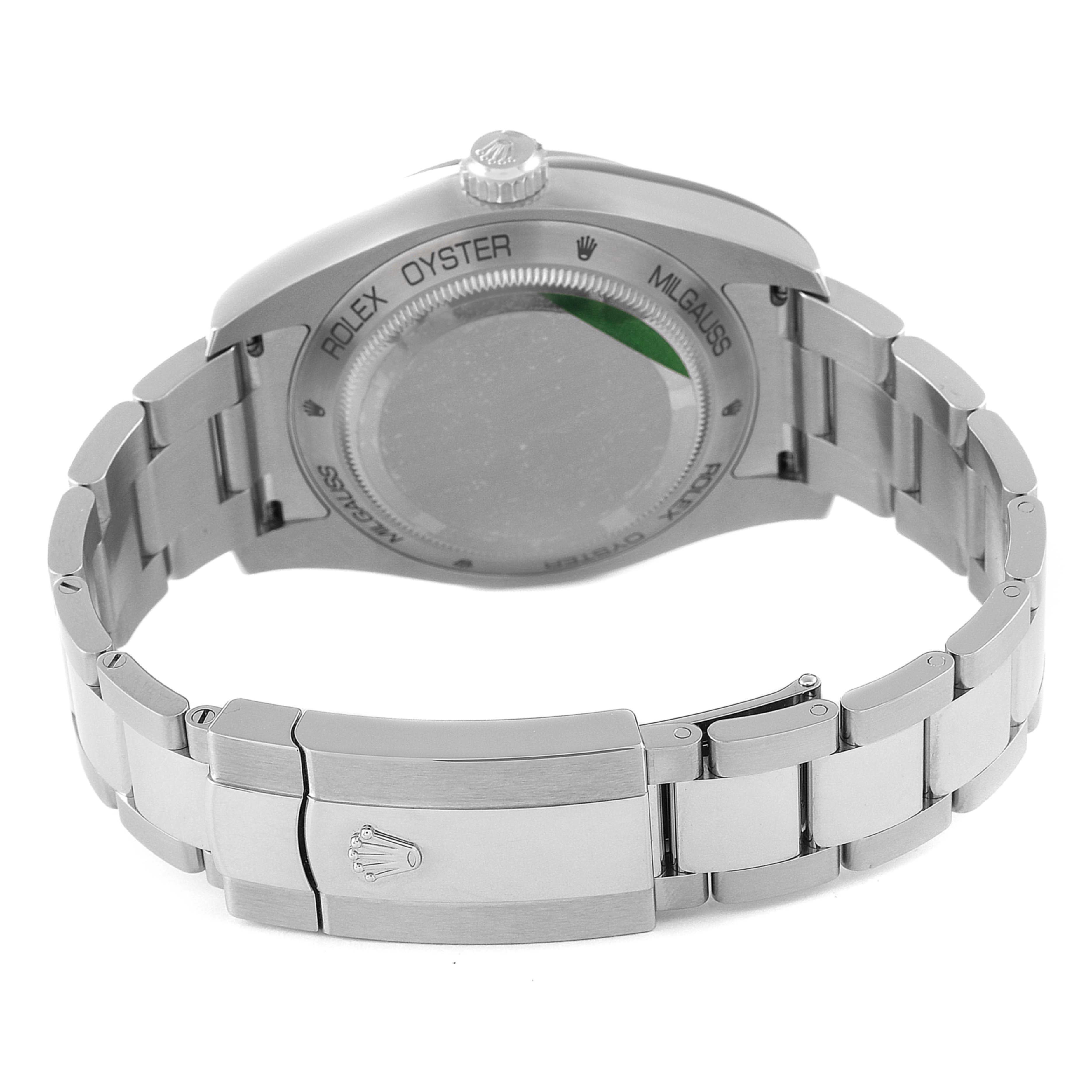 This image shows the back casing and bracelet clasp of the Rolex Milgauss 116400GV Men
s Stainless Steel Blue Dial 116400GV Men
s Stainless Steel Blue Dial watch from a rear angle.