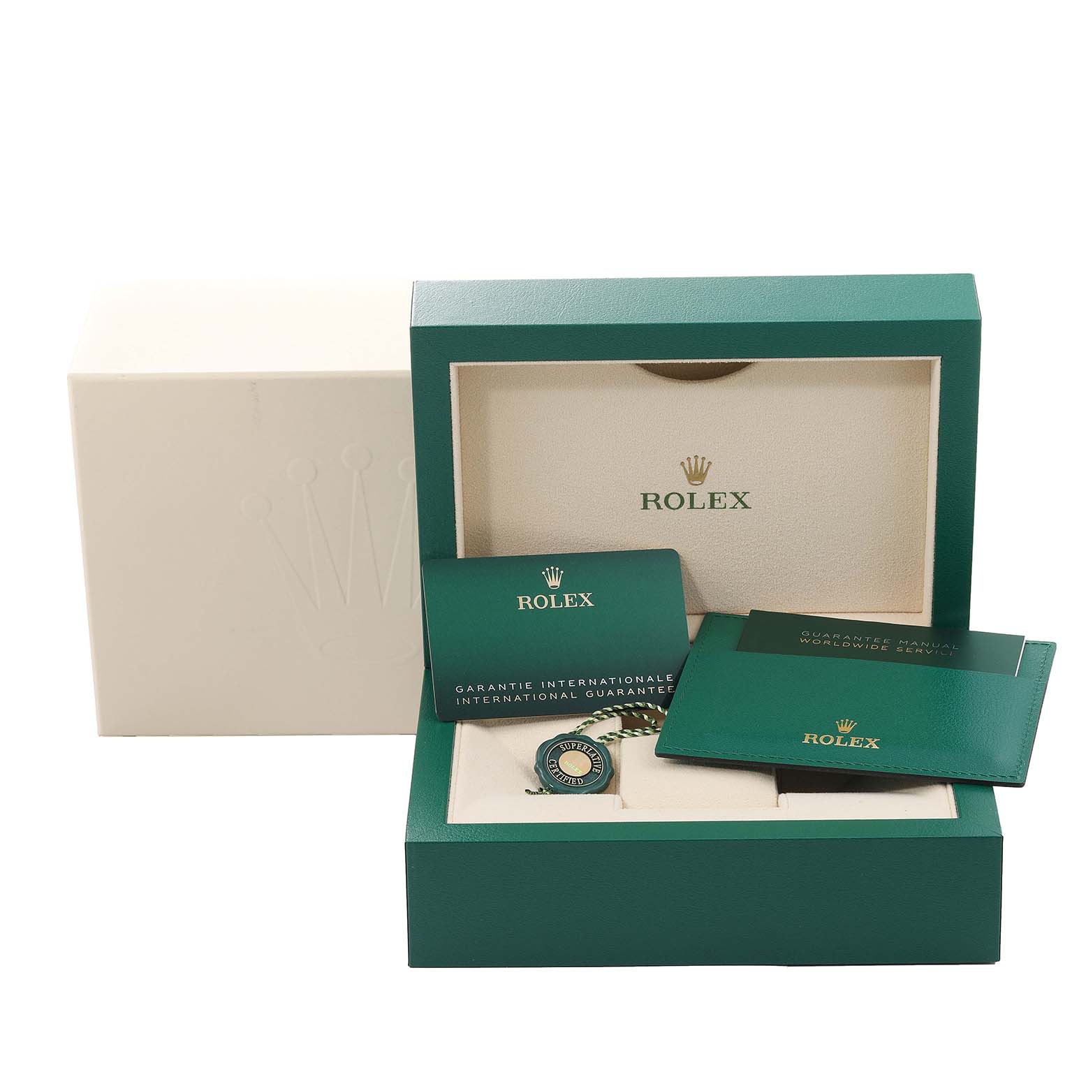 The image shows a Rolex Milgauss 116400GV Men
s Stainless Steel Blue Dial 116400GV Men
s Stainless Steel Blue Dial watch packaging, including the watch box, warranty cards, manuals, and Rolex tags.