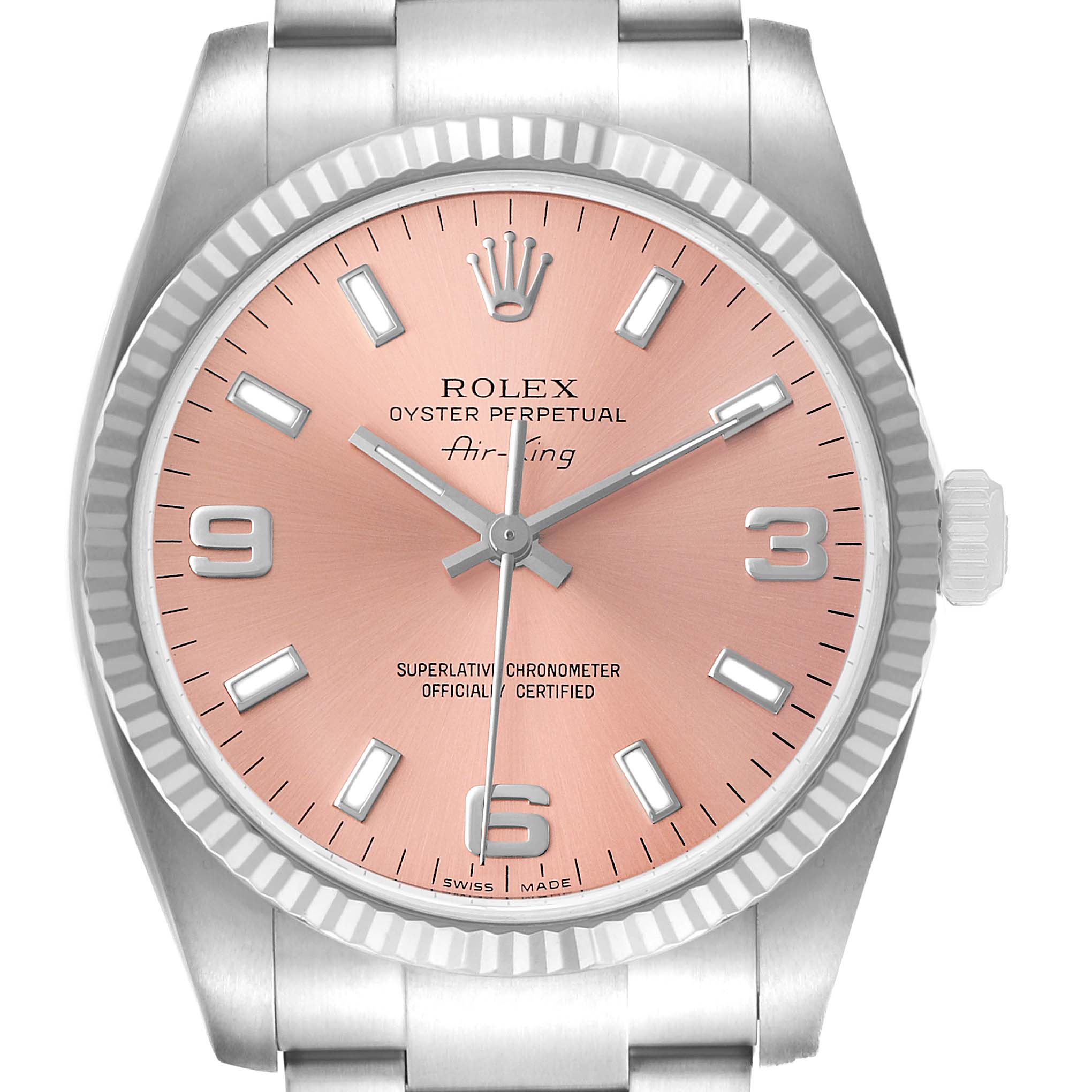 The Rolex Air-King 114234 Men's Stainless Steel Pink Dial watch is shown from a front angle, displaying its dial, bezel, and part of the bracelet.