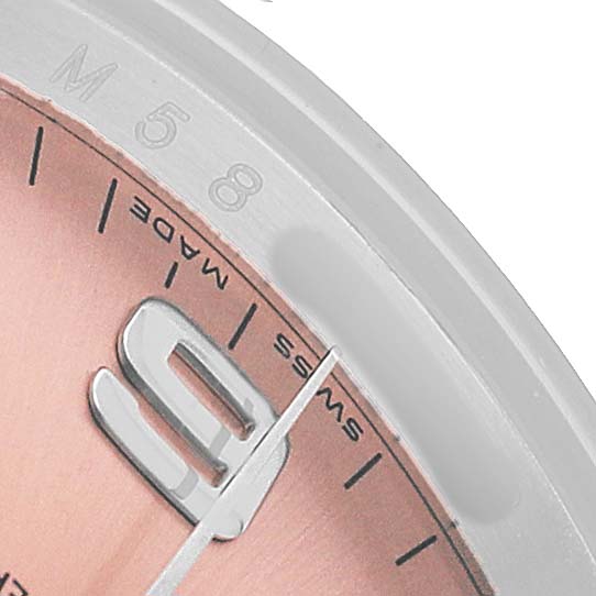 The image shows a close-up of the Rolex Air-King 114234 Men's Stainless Steel Pink Dial watch face, highlighting part of the dial and numeric markers.