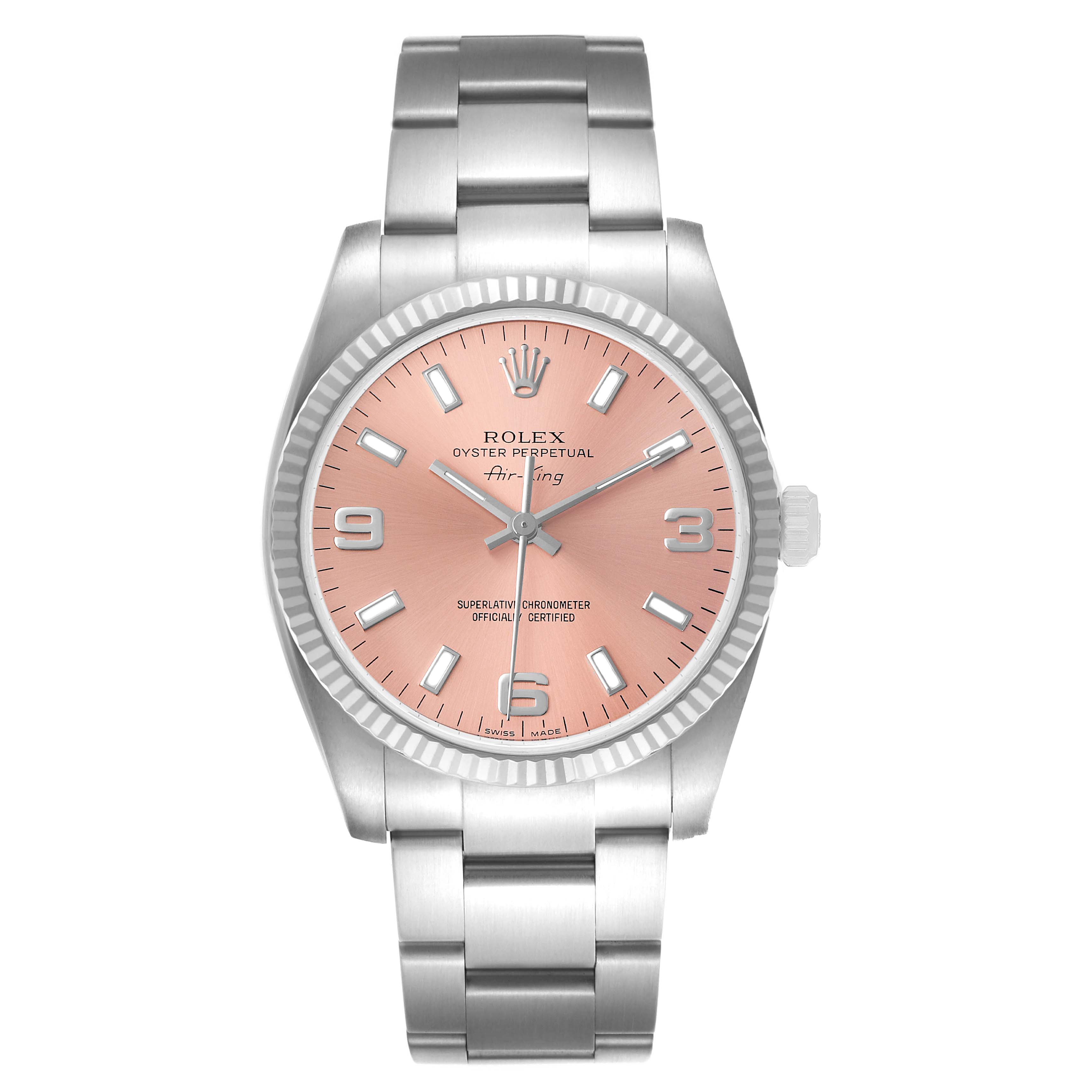 The Rolex Air-King 114234 Men's Stainless Steel Pink Dial watch is shown from a top-down angle, highlighting its face, bezel, and bracelet.