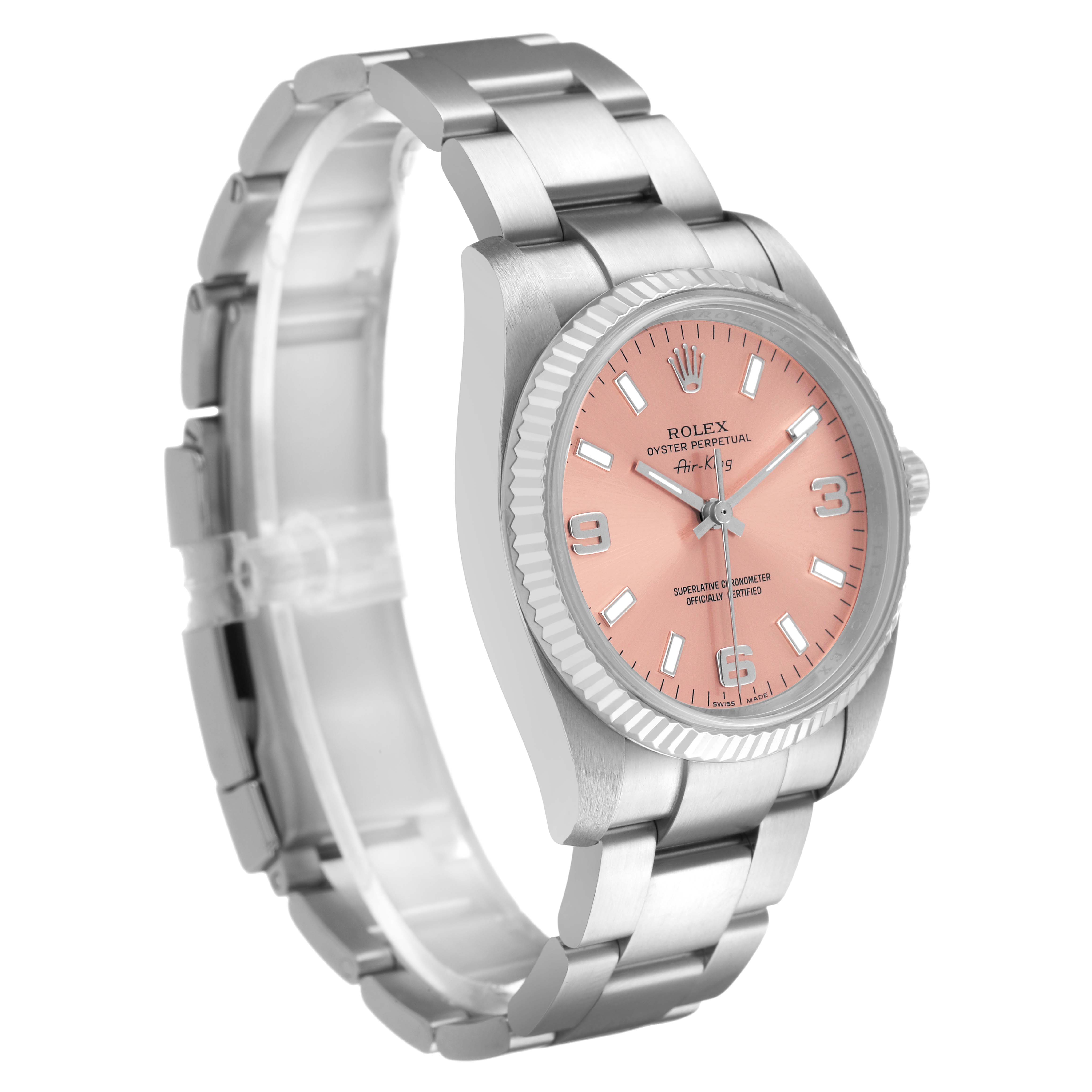 The Rolex Air-King 114234 Men's Stainless Steel Pink Dial watch is shown at a three-quarter angle, highlighting the pink dial, case, and bracelet.