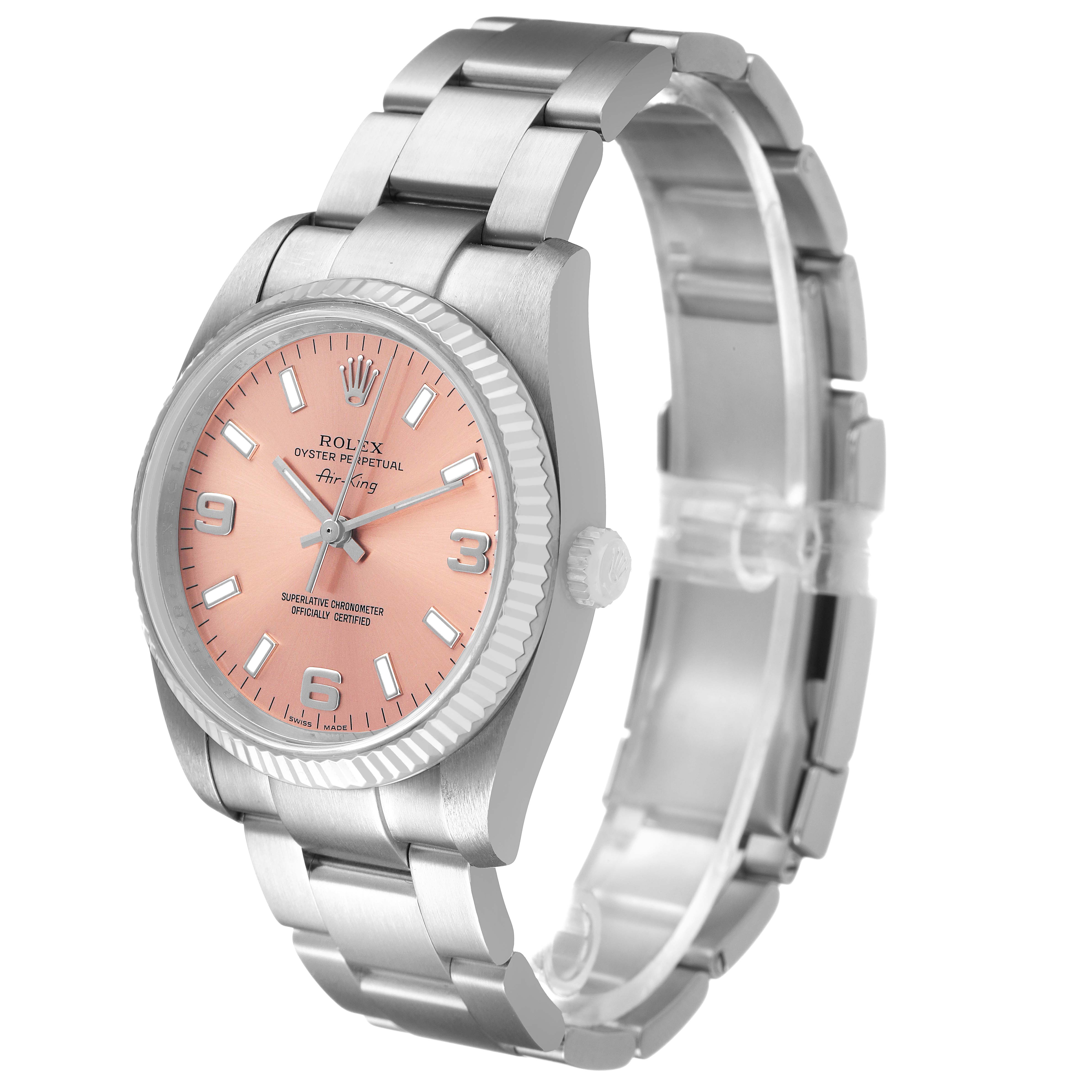 The Rolex Air-King 114234 Men's Stainless Steel Pink Dial watch is shown at a three-quarter angle, highlighting the face, bezel, crown, and stainless steel bracelet.