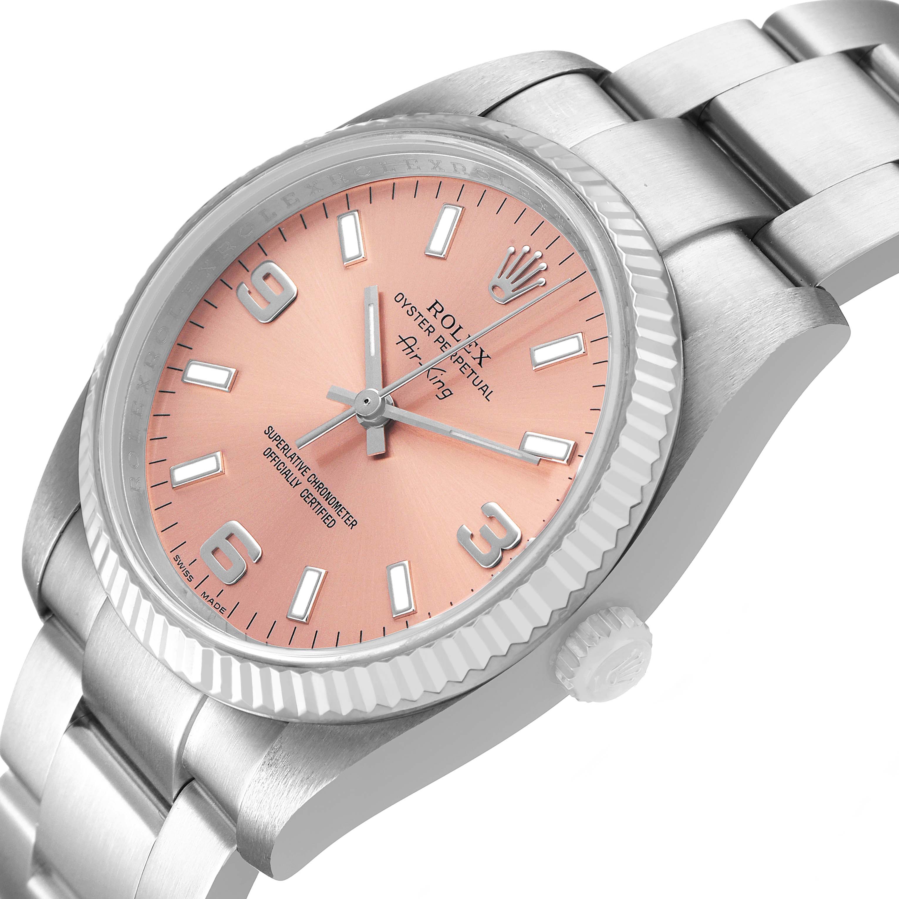 The Rolex Air-King 114234 Men's Stainless Steel Pink Dial watch is shown at an angled view highlighting the pink dial, crown, and part of the bracelet.