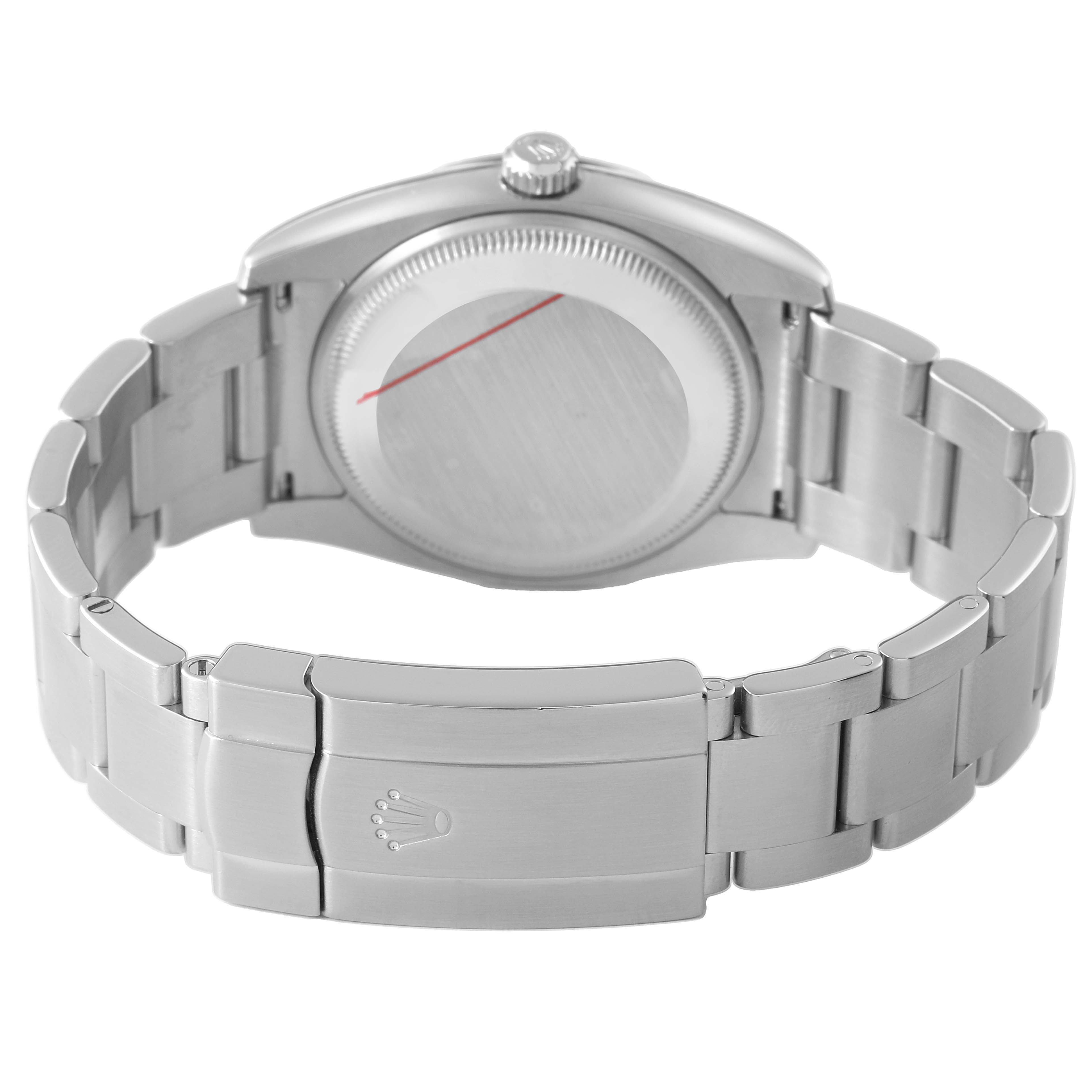 The image shows the back case and bracelet clasp of a Rolex Air-King 114234 Men's Stainless Steel Pink Dial watch from a rear angle.