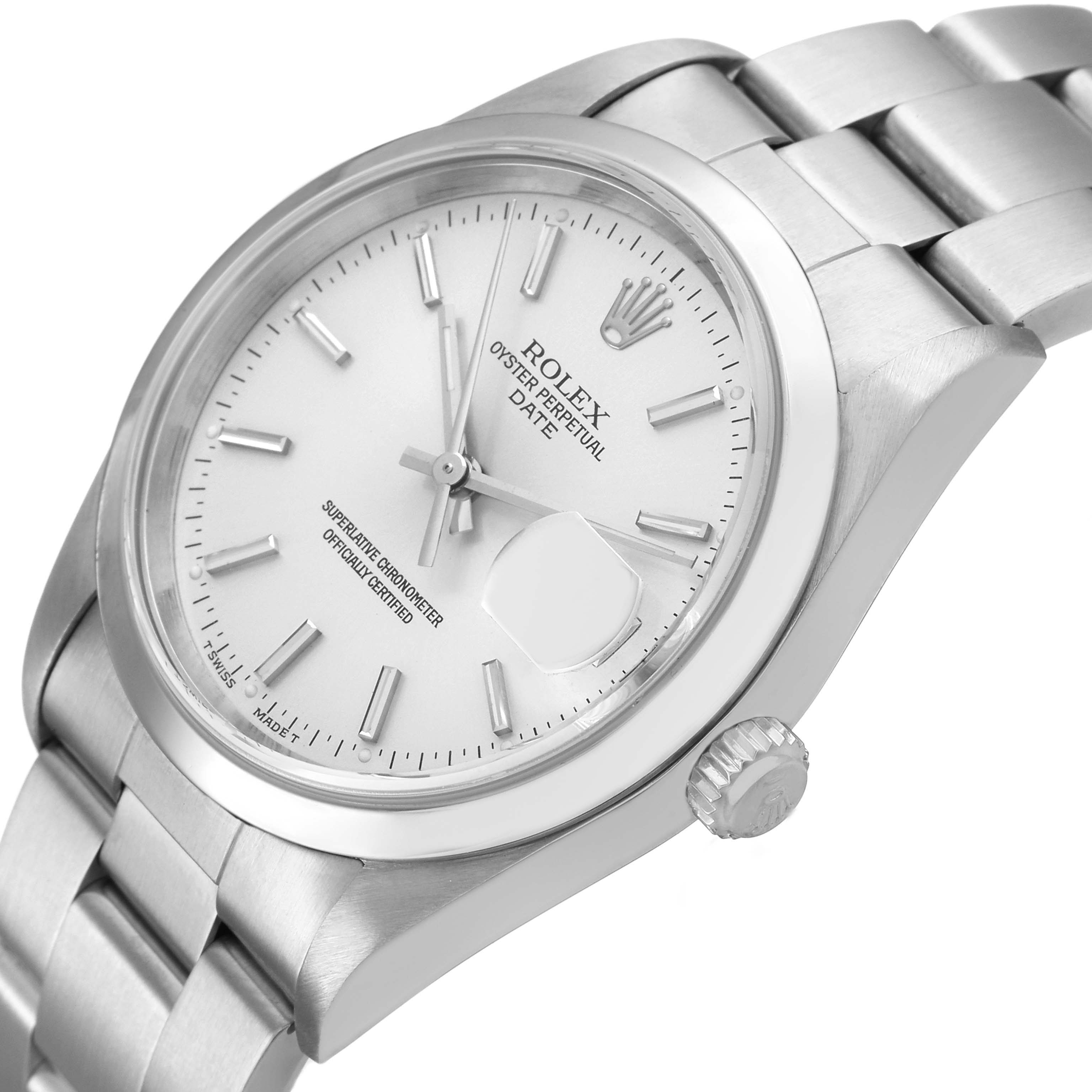 The Rolex Date 15200 Men's Stainless Steel Silver Dial watch is shown at an angled close-up from the front, highlighting the dial, bezel, bracelet, and crown.