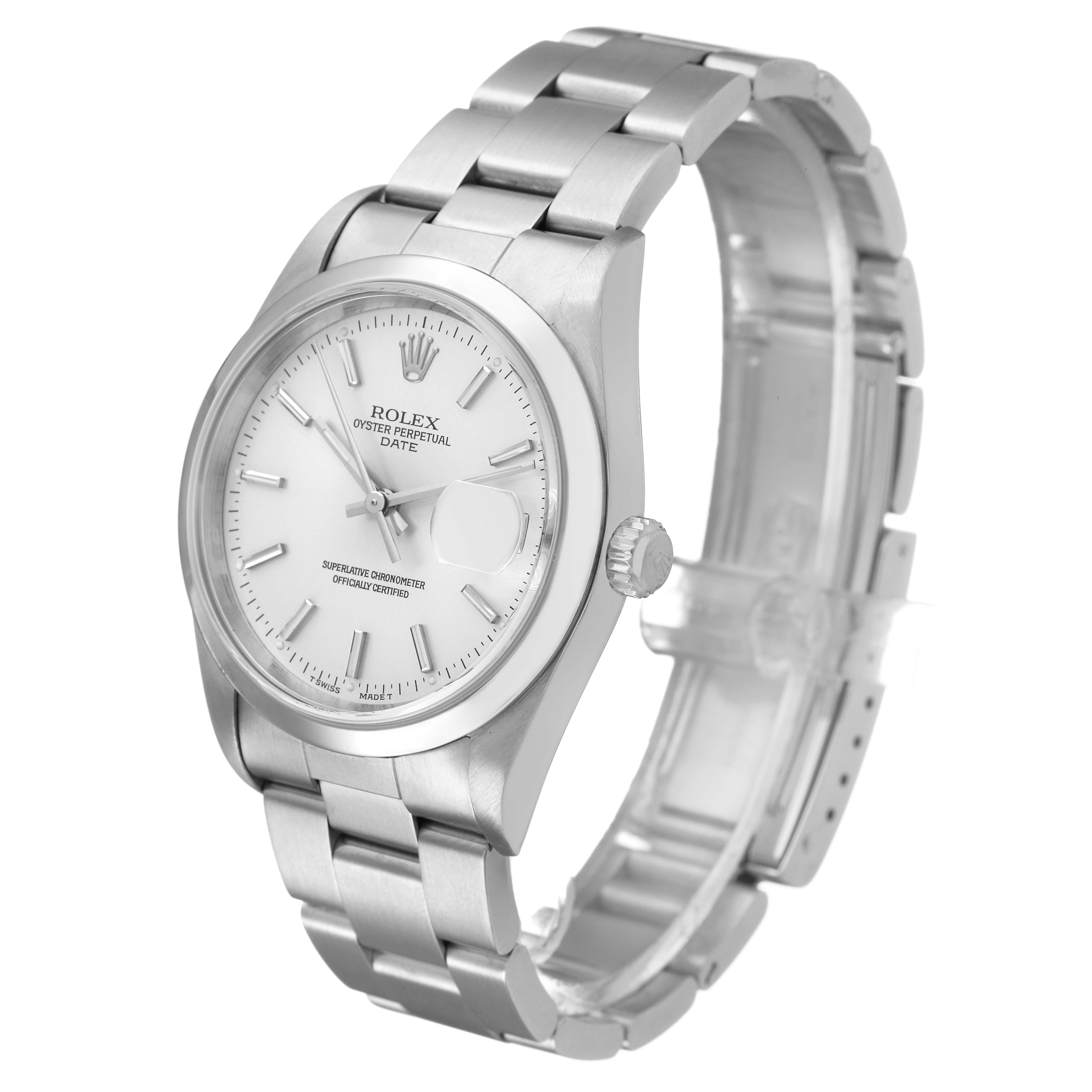 The Rolex Date 15200 Men's Stainless Steel Silver Dial model watch is shown from a three-quarter angle, highlighting the dial, bracelet, and crown.
