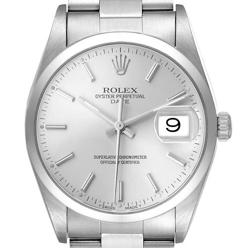 The Rolex Date 15200 Men's Stainless Steel Silver Dial model watch is shown from a front angle, displaying the dial, hands, date magnifier, and part of the bracelet.