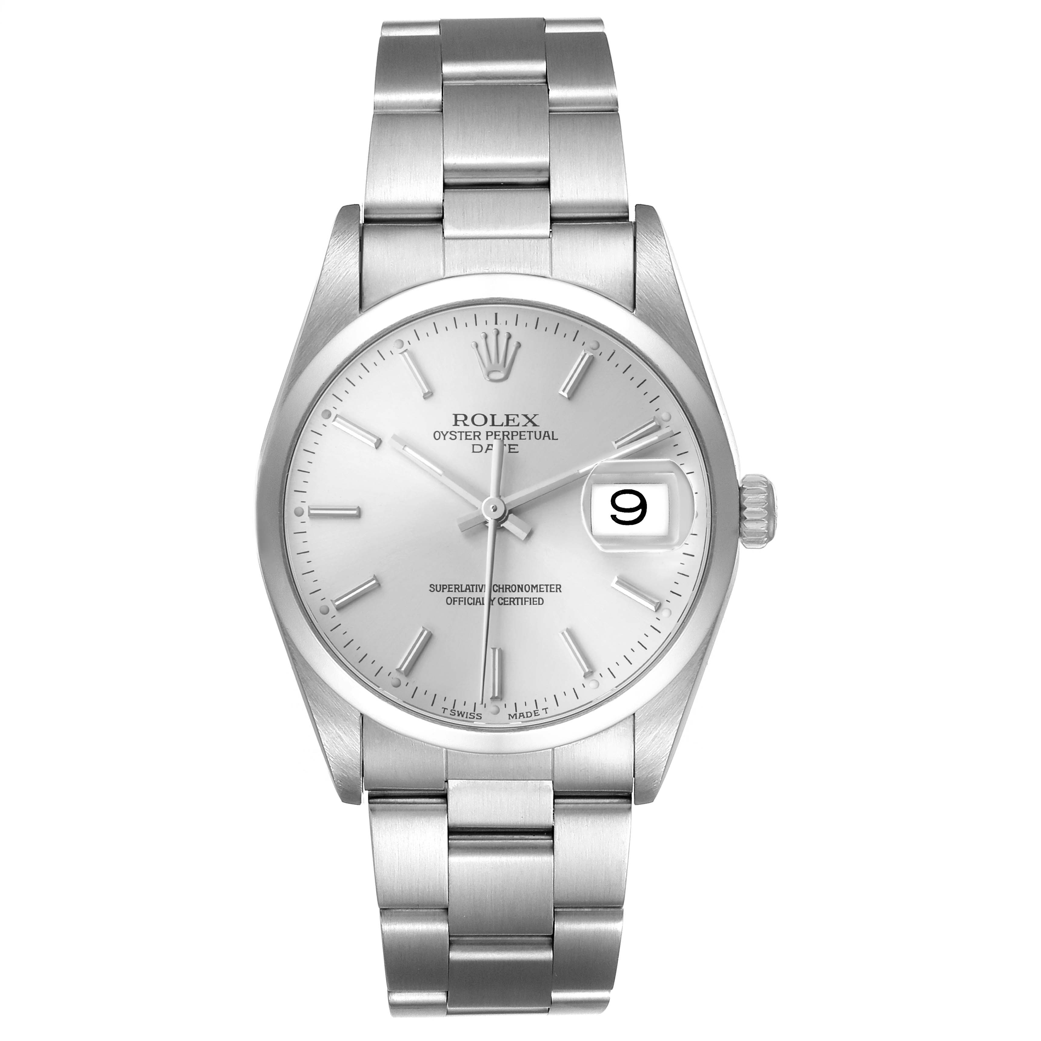 The Rolex Date 15200 Men's Stainless Steel Silver Dial model is shown from a front angle, featuring the dial, bezel, bracelet, and date indicator.