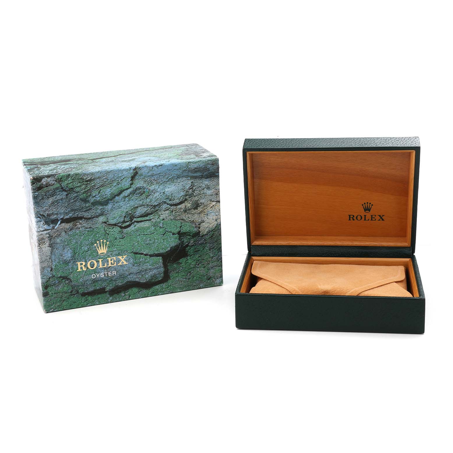 The image shows a Rolex Date 15200 Men's Stainless Steel Silver Dial model box and an open case with a pouch inside.