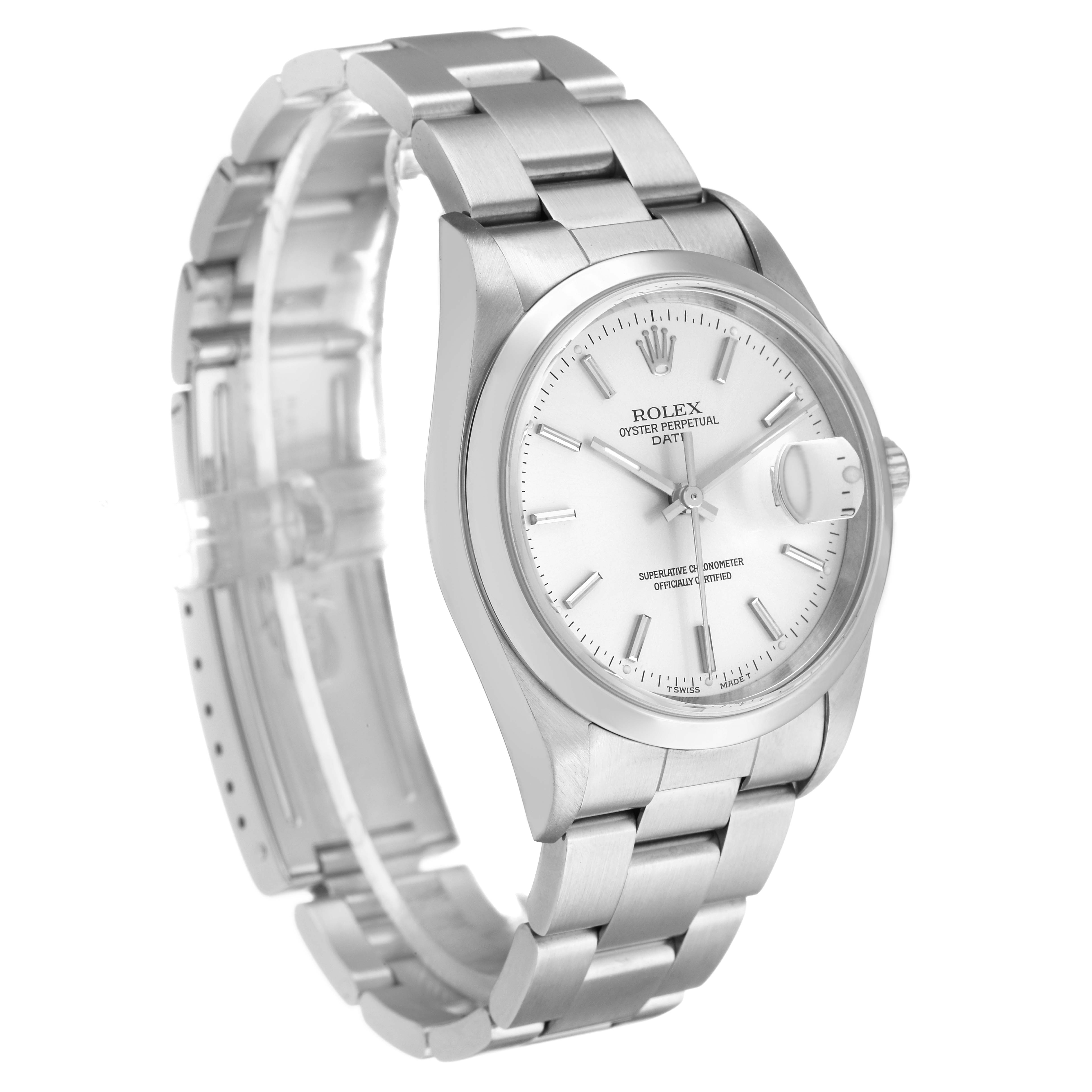 The Rolex Date 15200 Men's Stainless Steel Silver Dial model watch is shown at a three-quarter angle, displaying the face and bracelet prominently.