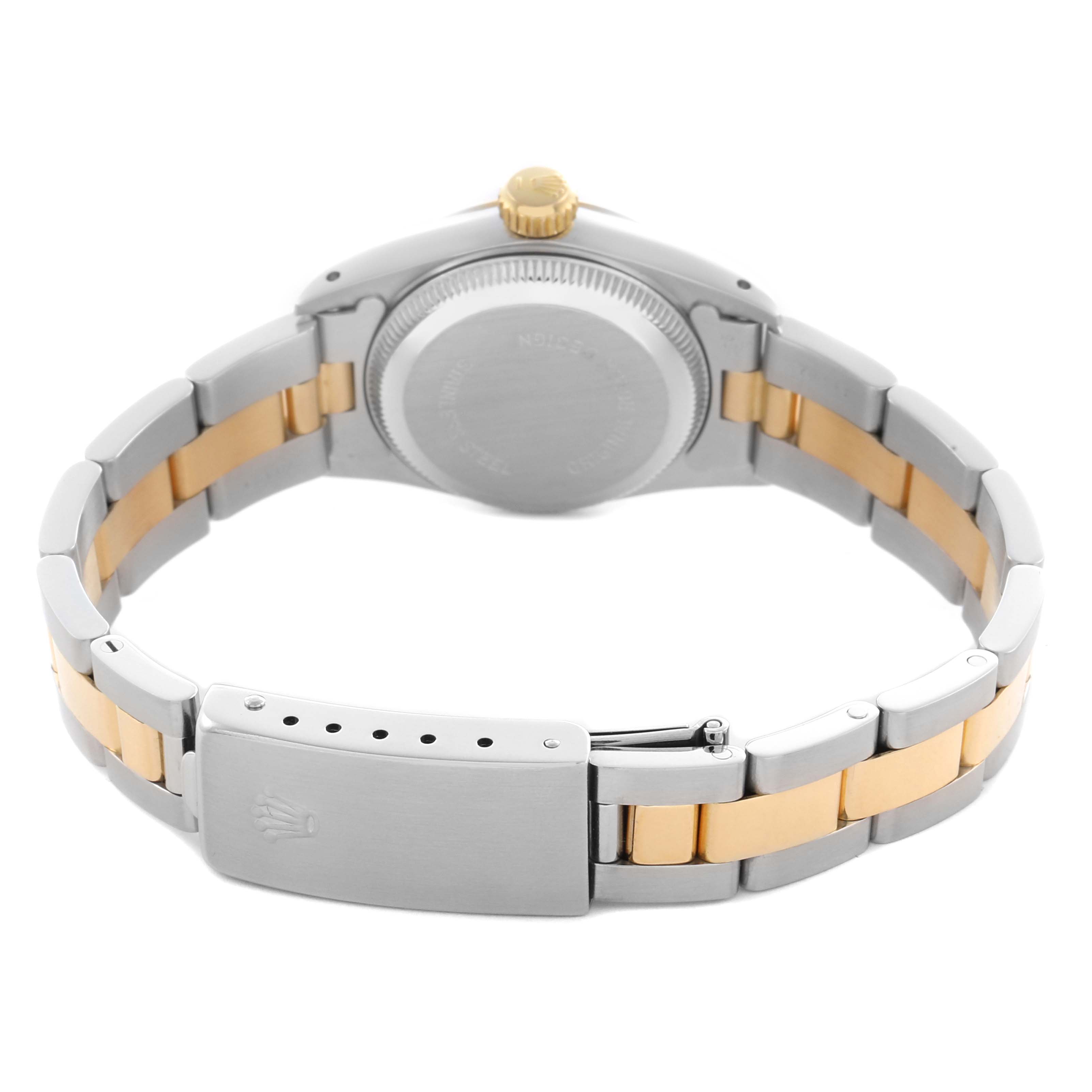 The image shows the back and side of a Rolex Oyster Perpetual 67193 Women's Steel and Gold (two tone) Champagne Dial 67193 Women's Steel and Gold (two tone) Champagne Dial, focusing on the clasp, bracelet, and case back.