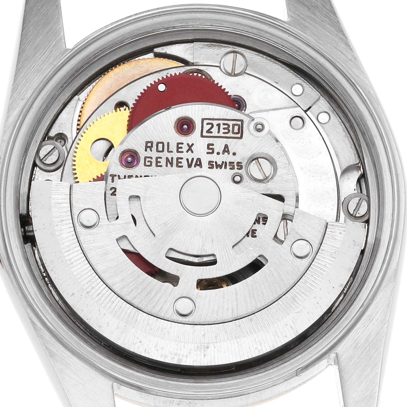 The image shows the movement mechanism of a Rolex Oyster Perpetual 67193 Women's Steel and Gold (two tone) Champagne Dial 67193 Women's Steel and Gold (two tone) Champagne Dial watch viewed from the back, highlighting the rotor and gears.