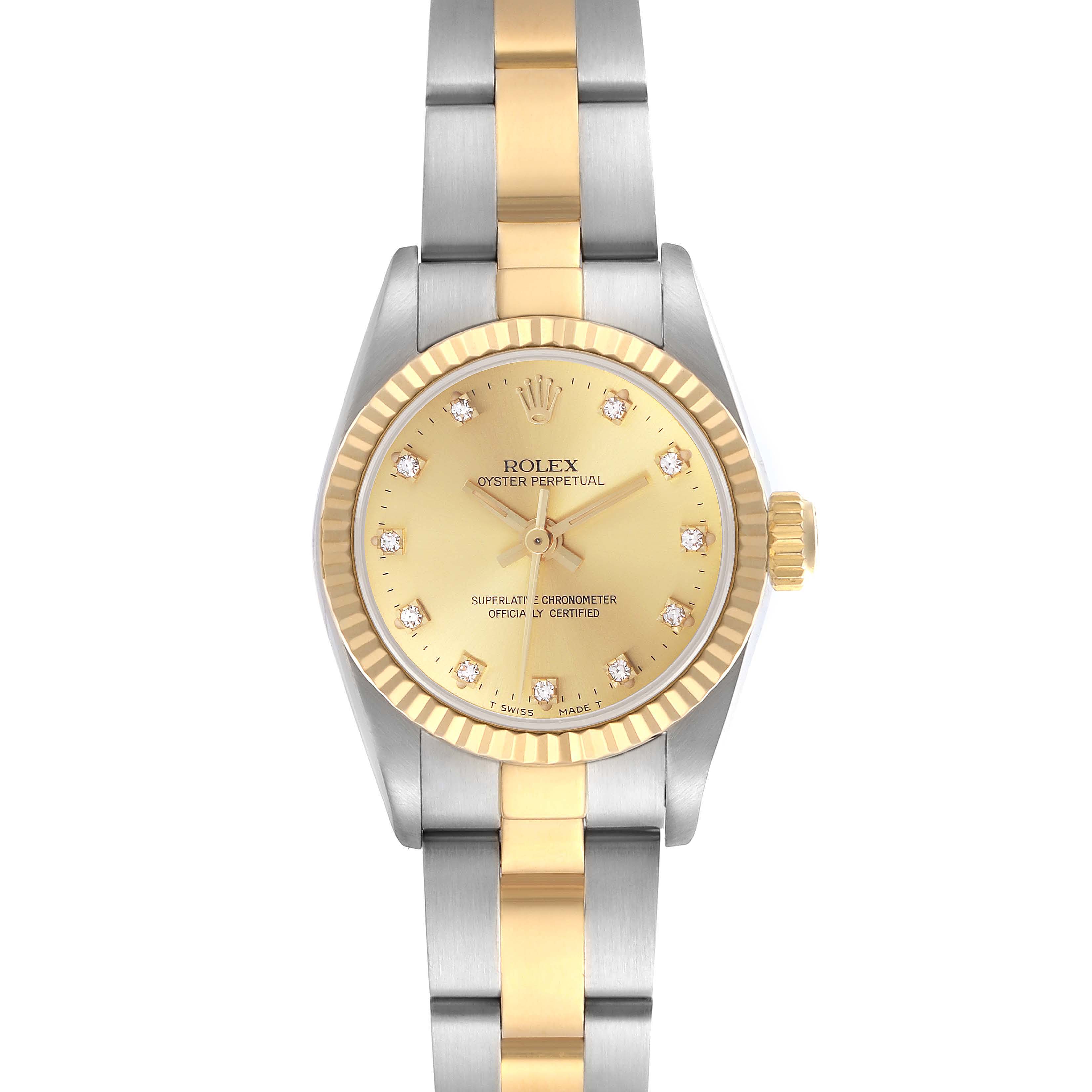 The Rolex Oyster Perpetual 67193 Women's Steel and Gold (two tone) Champagne Dial 67193 Women's Steel and Gold (two tone) Champagne Dial watch is shown from the front, displaying the gold dial, fluted bezel, and two-tone bracelet.