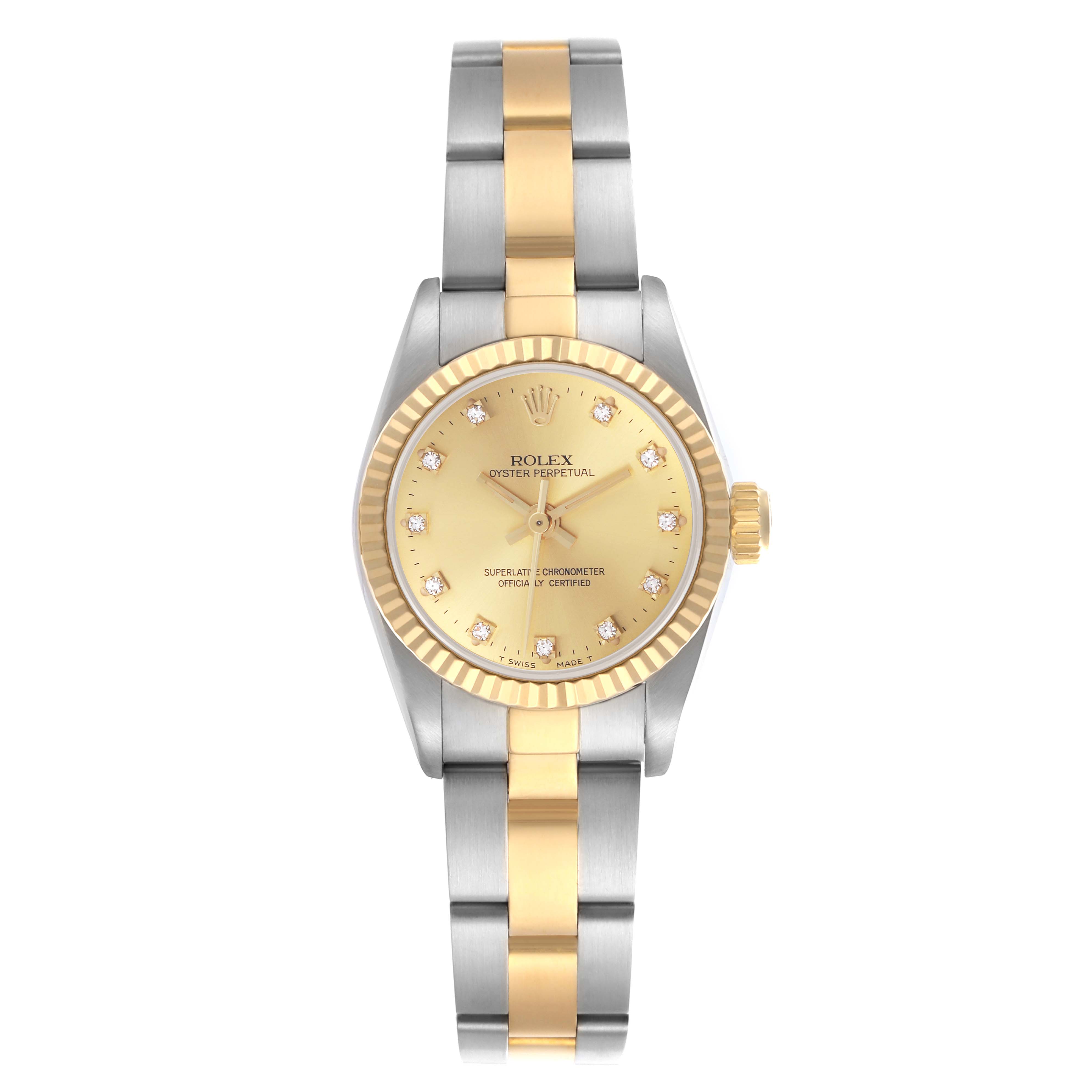 The Rolex Oyster Perpetual 67193 Women's Steel and Gold (two tone) Champagne Dial 67193 Women's Steel and Gold (two tone) Champagne Dial watch is shown from a top-down angle, highlighting the two-tone bracelet and diamond-studded dial.