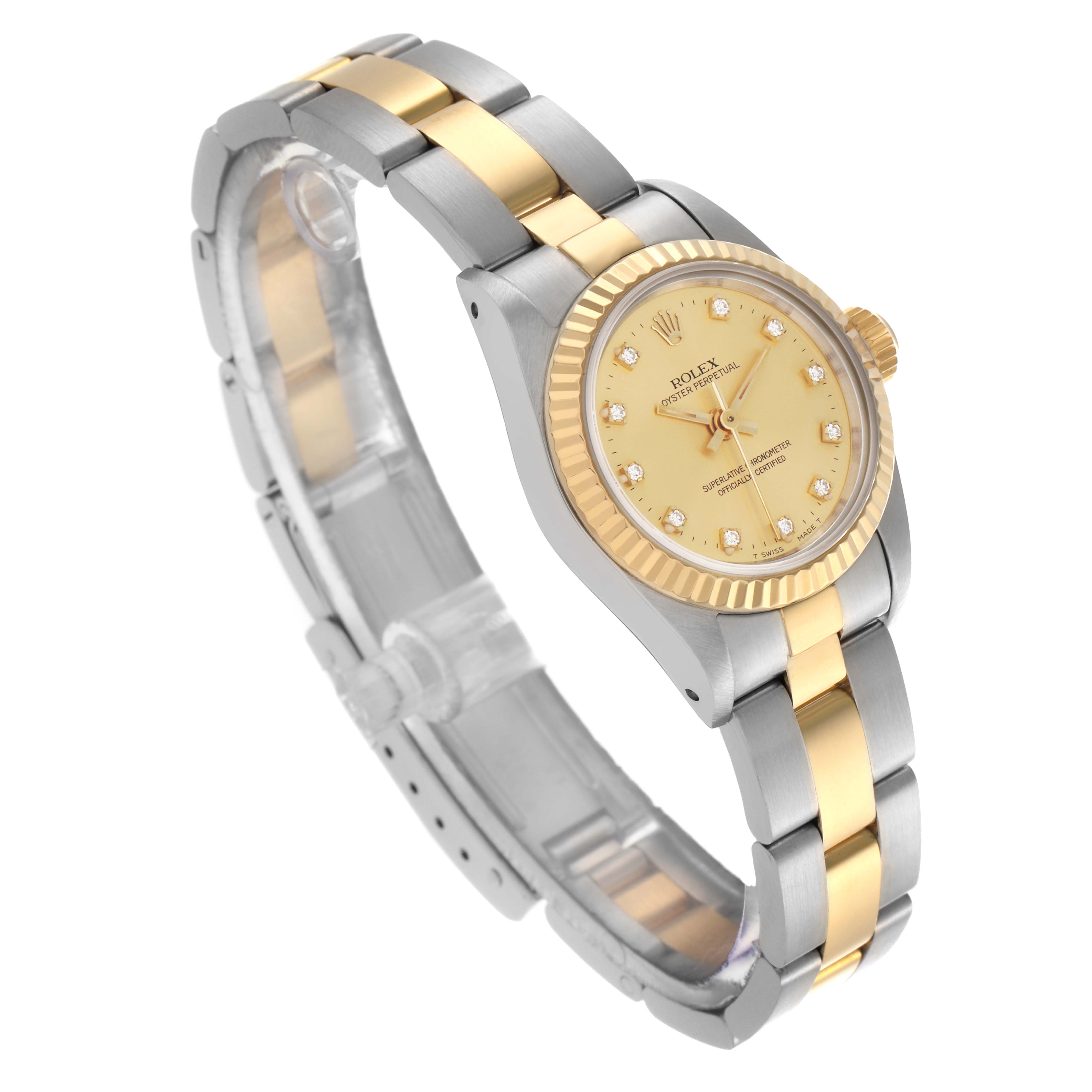 The image shows a Rolex Oyster Perpetual 67193 Women's Steel and Gold (two tone) Champagne Dial 67193 Women's Steel and Gold (two tone) Champagne Dial watch at a three-quarter angle, highlighting the two-tone bracelet and fluted bezel.