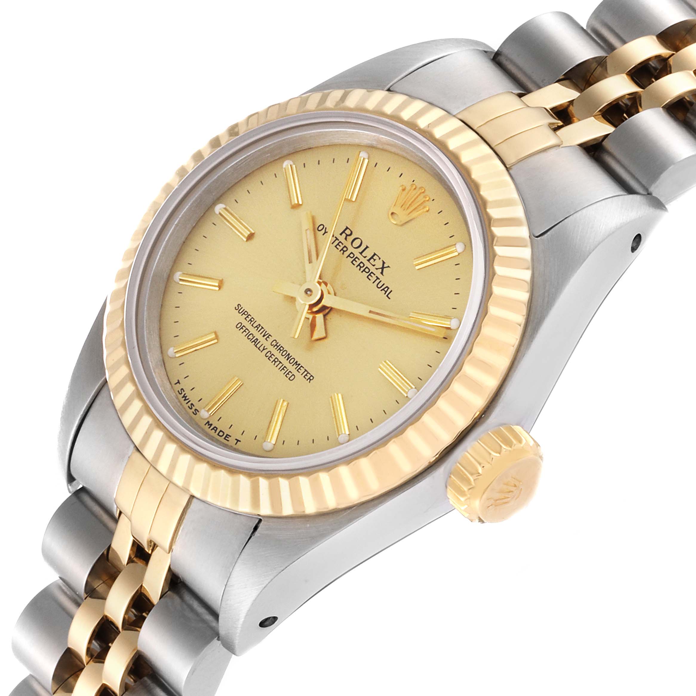 The Rolex Oyster Perpetual 67193 Women's Steel and Gold (two tone) Champagne Dial 67193 Women's Steel and Gold (two tone) Champagne Dial watch is shown at an angle highlighting the bezel, crown, and part of the bracelet.