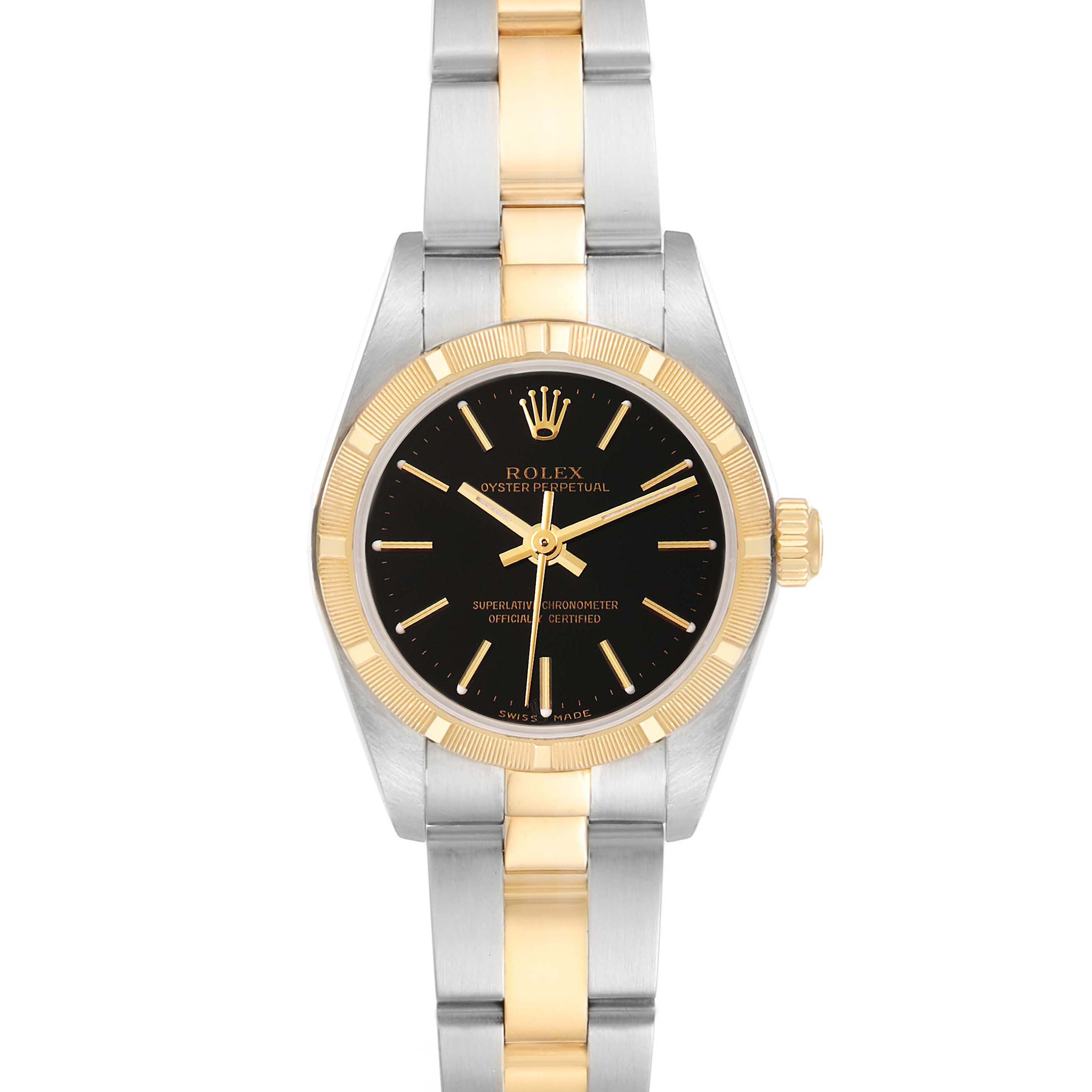 The image shows the front view of a Rolex Oyster Perpetual 76233 Women's Steel and Gold (two tone) Black Dial 76233 Women's Steel and Gold (two tone) Black Dial watch with a two-tone bracelet and black dial.