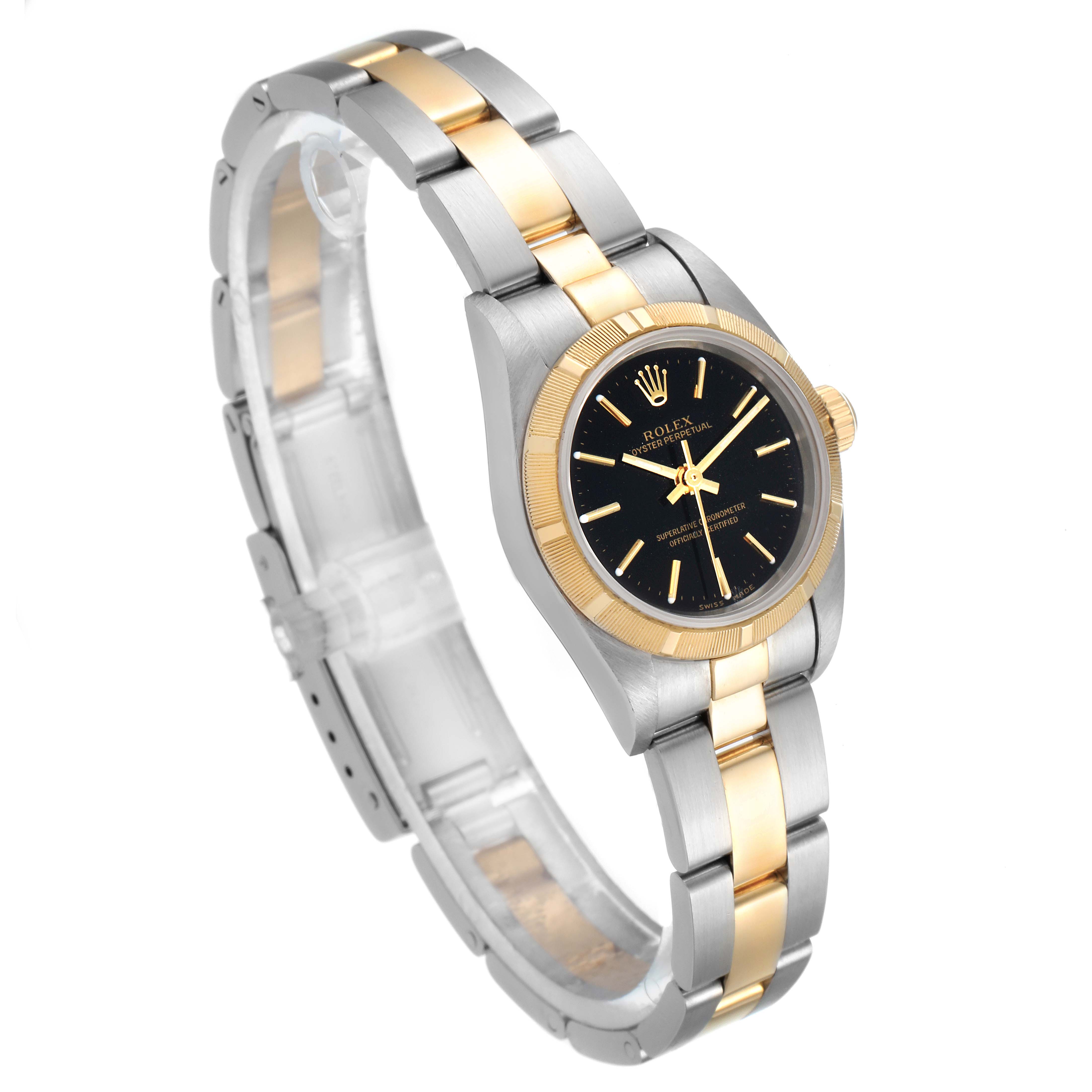 This image shows a side view of the Rolex Oyster Perpetual 76233 Women's Steel and Gold (two tone) Black Dial 76233 Women's Steel and Gold (two tone) Black Dial watch, featuring its dial, bezel, crown, and two-tone bracelet.