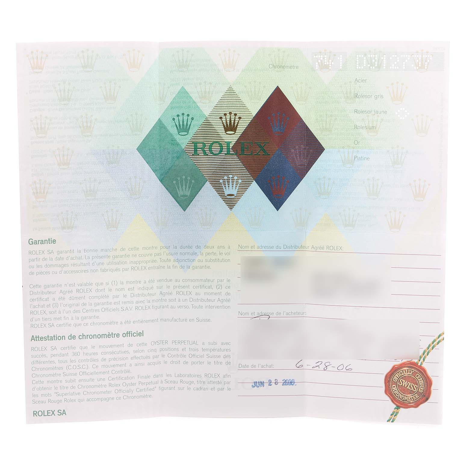 The image shows the warranty certificate and official chronometer certification for a Rolex Oyster Perpetual 76233 Women's Steel and Gold (two tone) Black Dial 76233 Women's Steel and Gold (two tone) Black Dial watch.