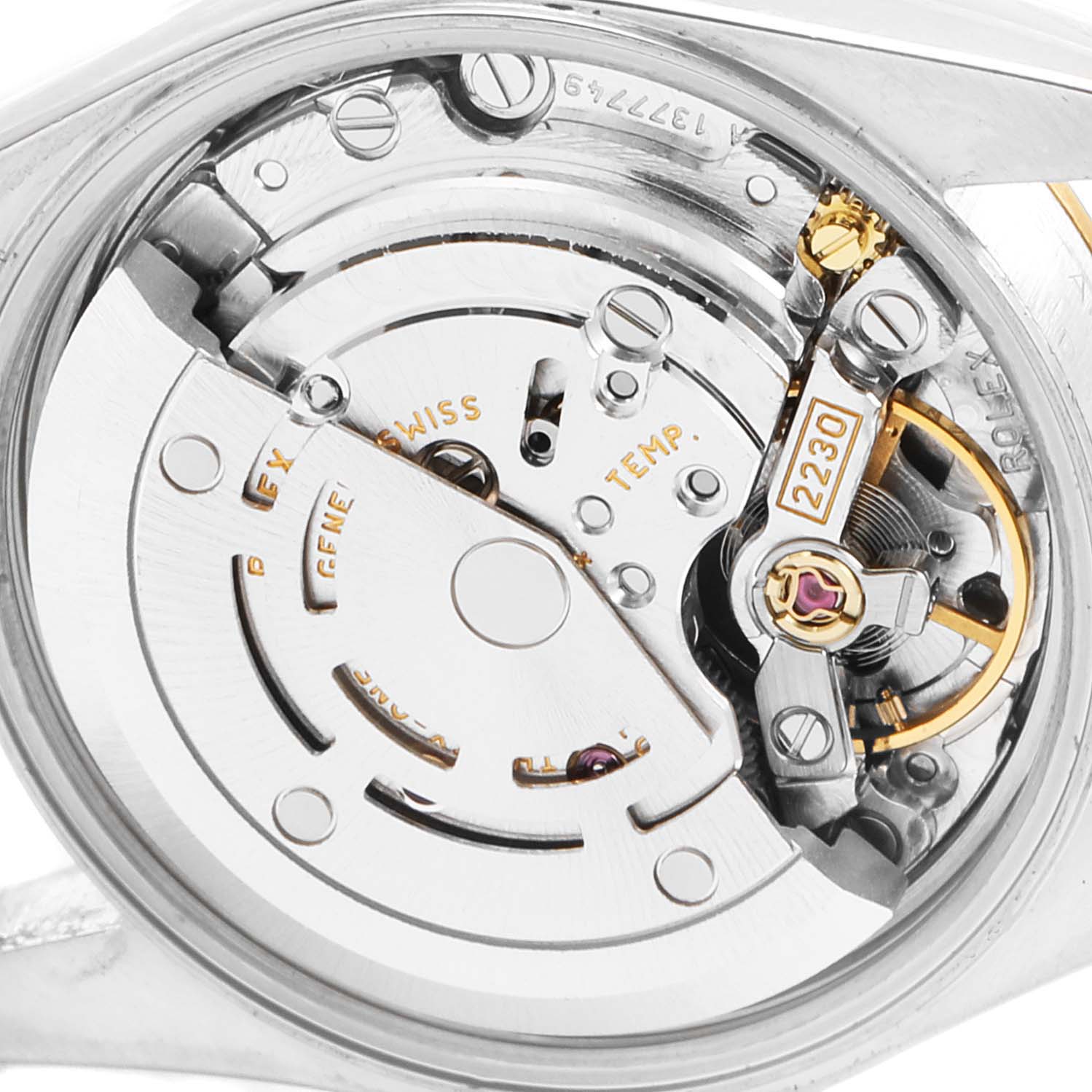 This close-up shows the internal mechanism and movement of the Rolex Oyster Perpetual 76233 Women's Steel and Gold (two tone) Black Dial 76233 Women's Steel and Gold (two tone) Black Dial model.