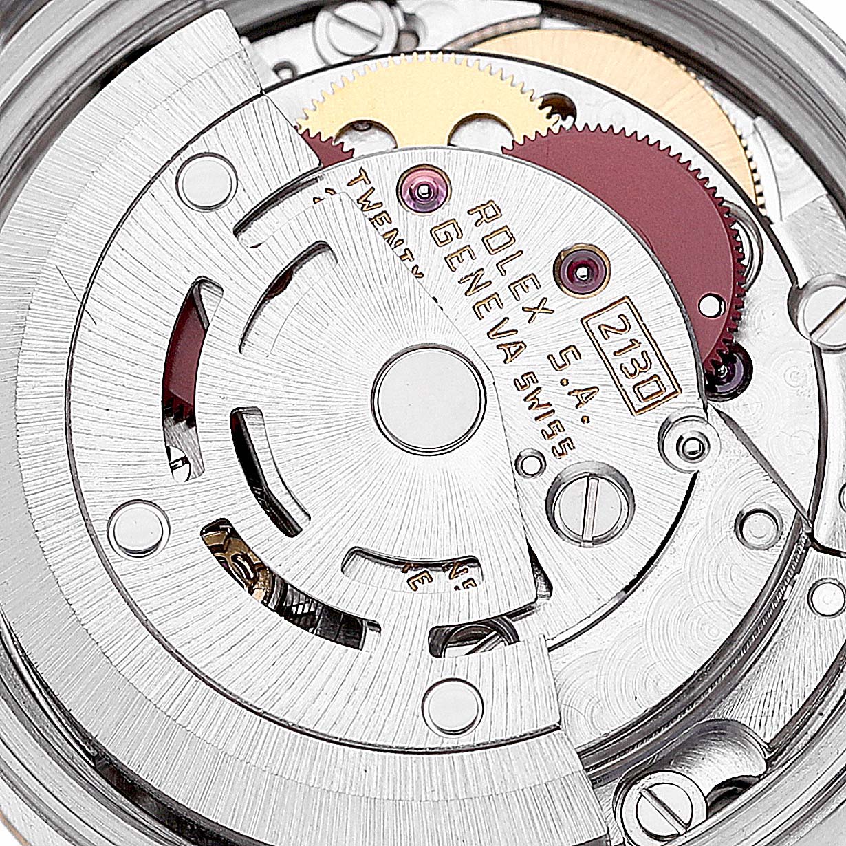 The image shows the detailed internal mechanism of a Rolex Oyster Perpetual 67193 Women's Steel and Gold (two tone) Silver Dial 67193 Women's Steel and Gold (two tone) Silver Dial watch at a close-up angle.