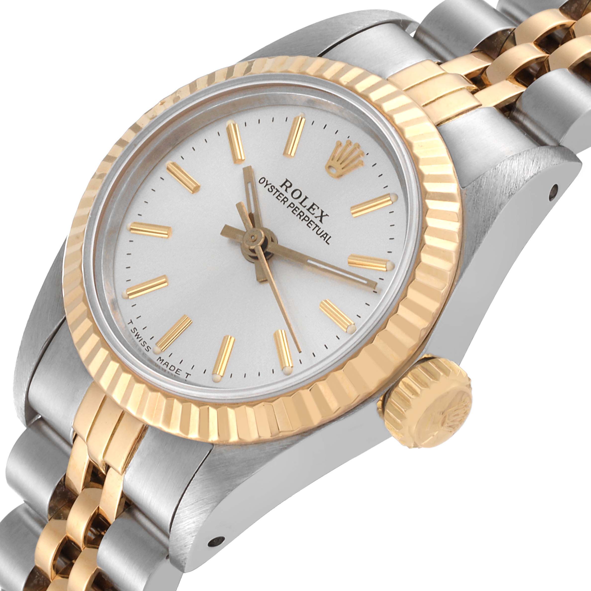 The image shows a close-up angled view of the Rolex Oyster Perpetual 67193 Women's Steel and Gold (two tone) Silver Dial 67193 Women's Steel and Gold (two tone) Silver Dial watch's face, crown, and part of the two-tone bracelet.
