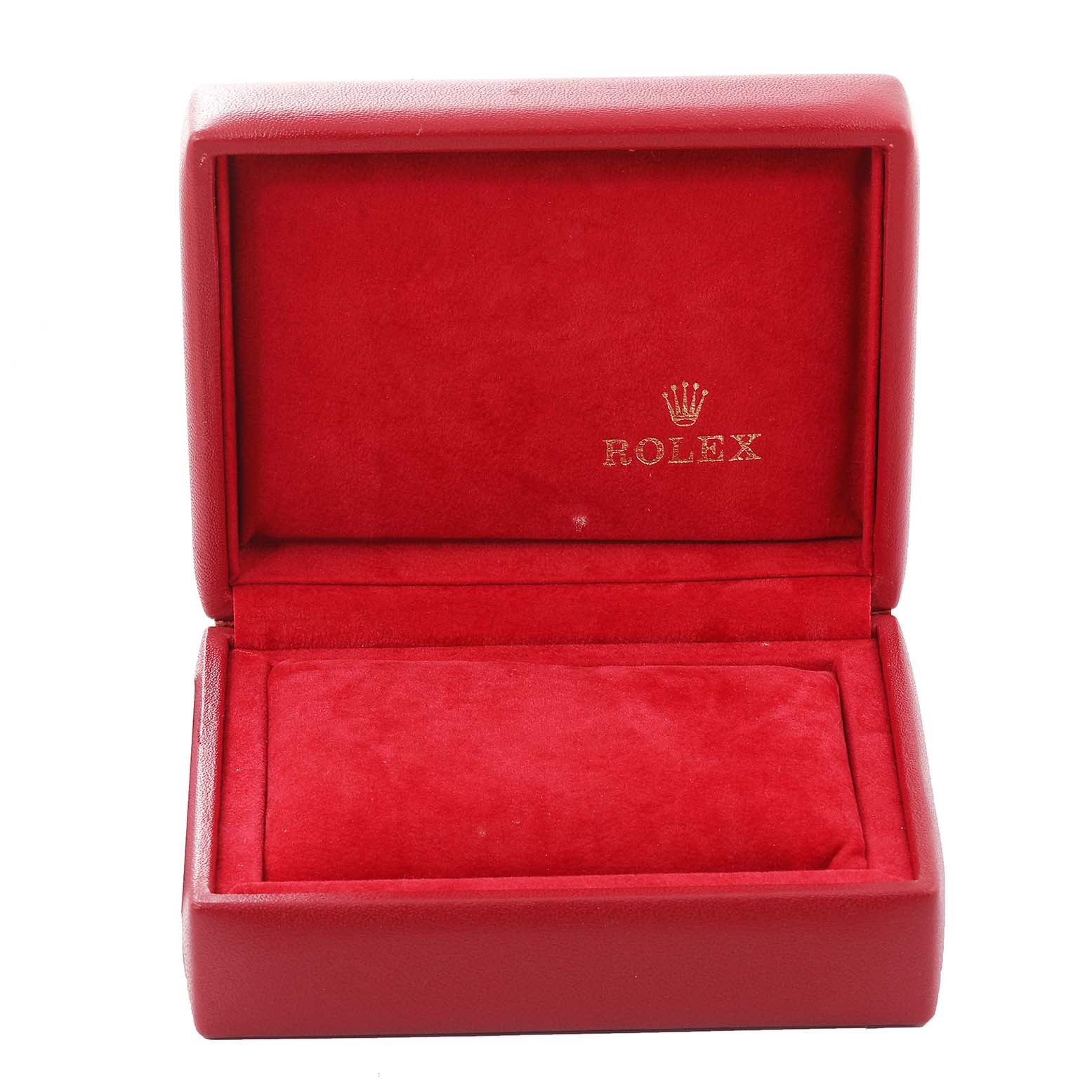 This is an open red Rolex Oyster Perpetual 67193 Women's Steel and Gold (two tone) Silver Dial 67193 Women's Steel and Gold (two tone) Silver Dial watch box with a velvet interior and the Rolex logo displayed on the lid.