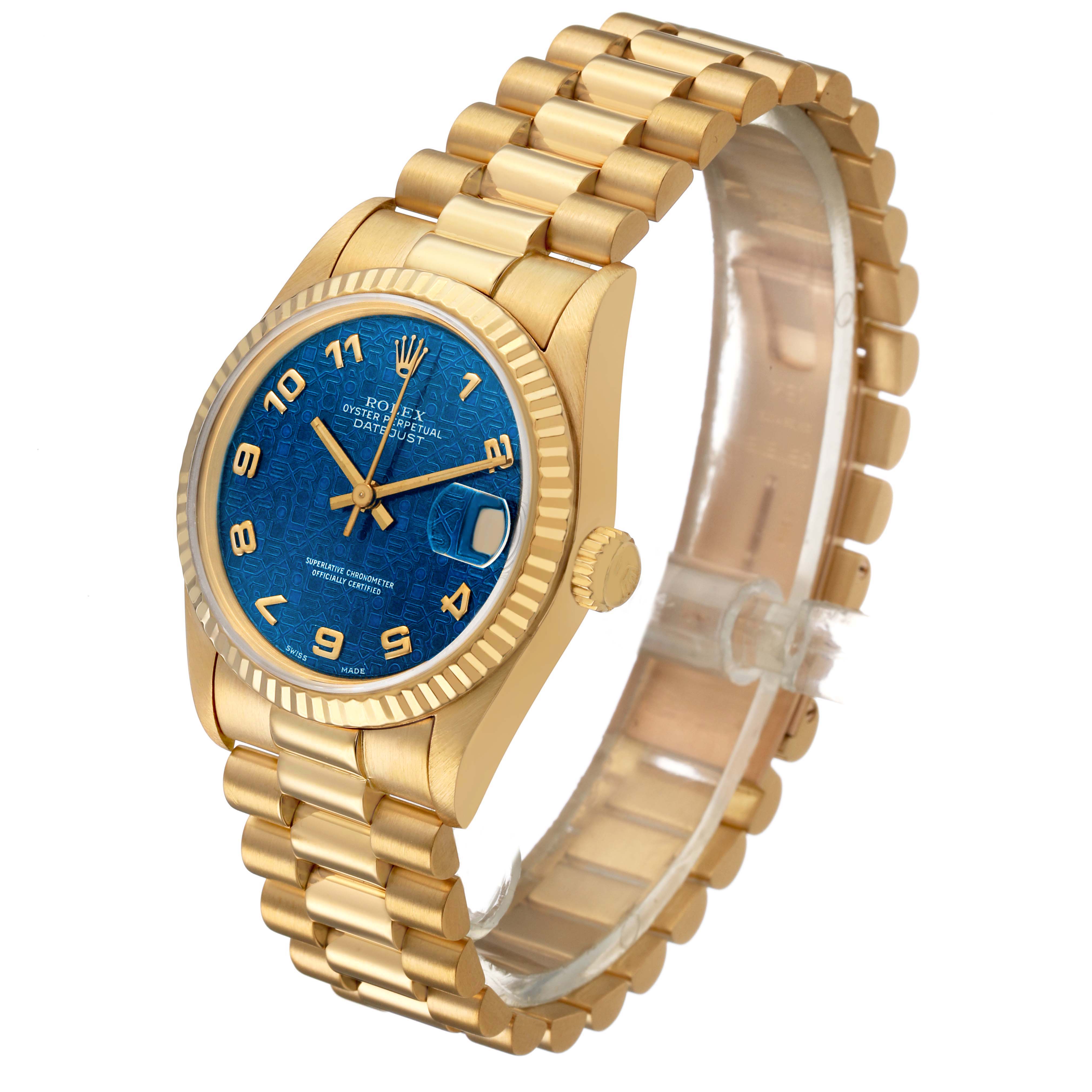 The Rolex President 68278 Women's Yellow Gold Blue Dial model watch is shown at a three-quarter angle, highlighting its blue dial, gold case, bezel, and bracelet.