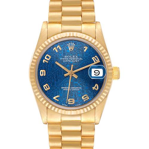 The Rolex President 68278 Women's Yellow Gold Blue Dial model is shown from the front, displaying its gold bracelet, blue dial, date window, and fluted bezel.