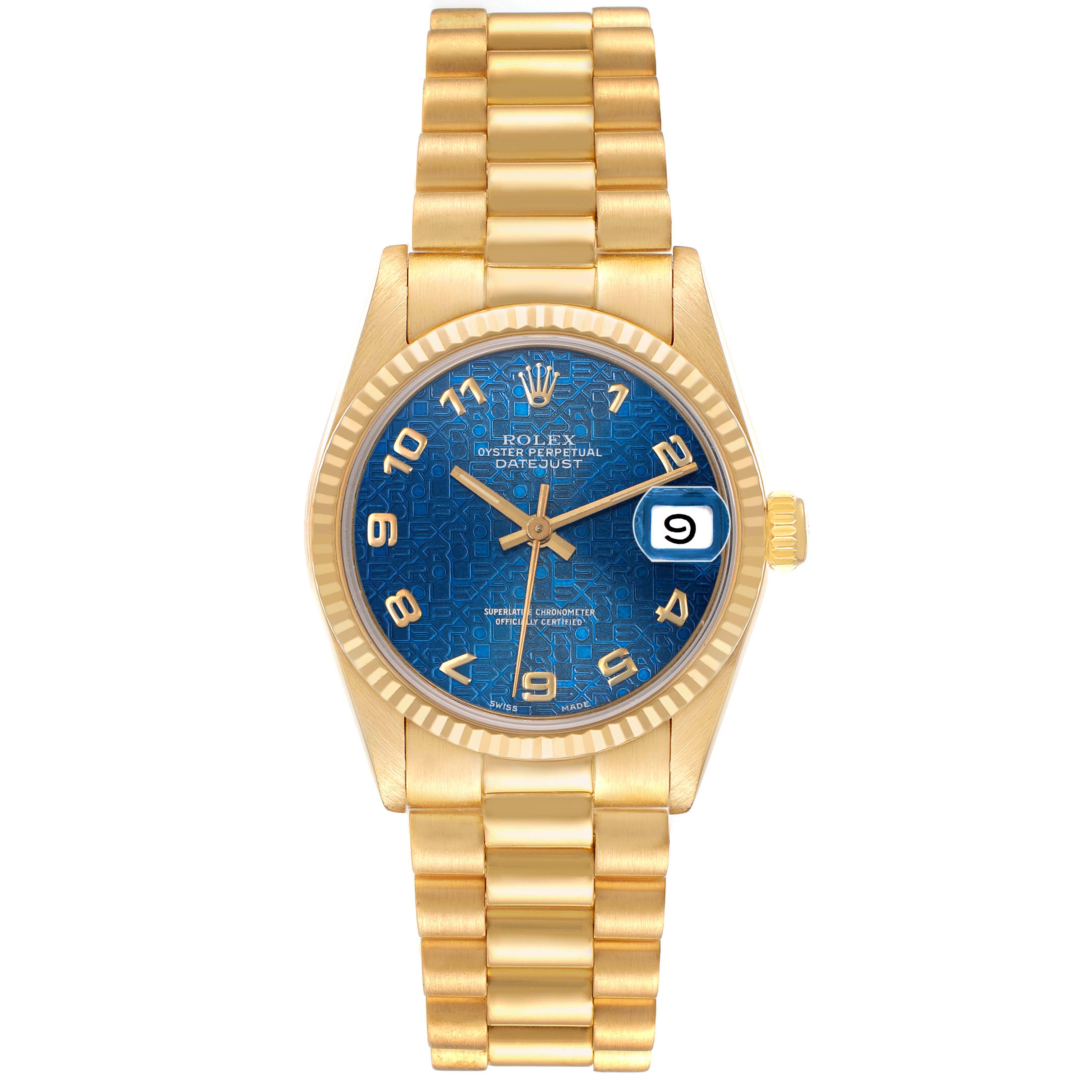 The Rolex President 68278 Women's Yellow Gold Blue Dial model is shown from a top view, featuring its gold bracelet, blue dial, and date window.